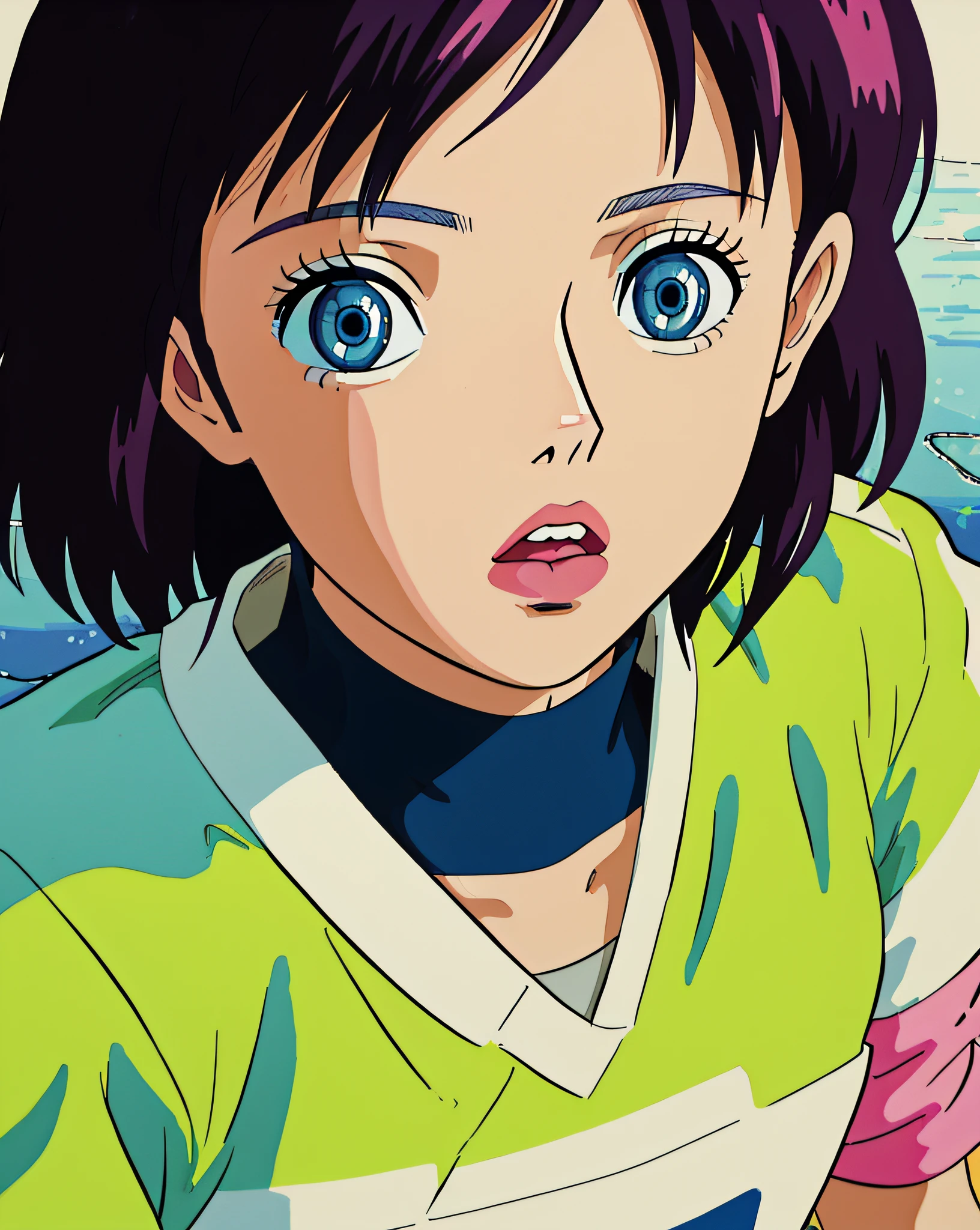 cleanup animation, (high quality anime girl art painting by Tomer Hanuka, Hirohiko Araki, Studio Ghibli), realistic anime eyes, hyperrealistic details using gradient cel shading, traditional animation, high saturation in art, amazing clean line art and coloring