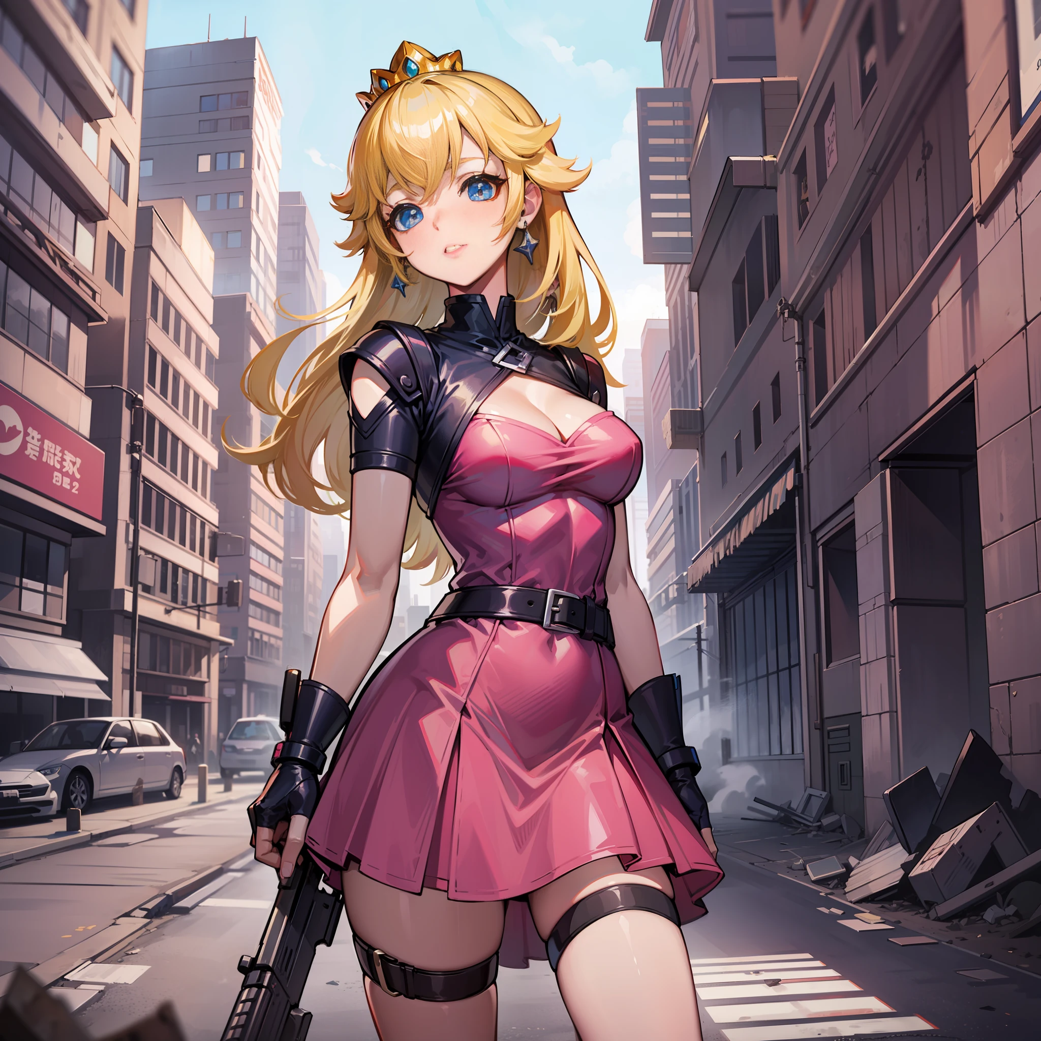 A woman, pink dress, athletic body, holding a gun, short clothes, blonde hair, blue eyes, long hair, in an apocalyptic city, deserted, city destroyed, princess peach,