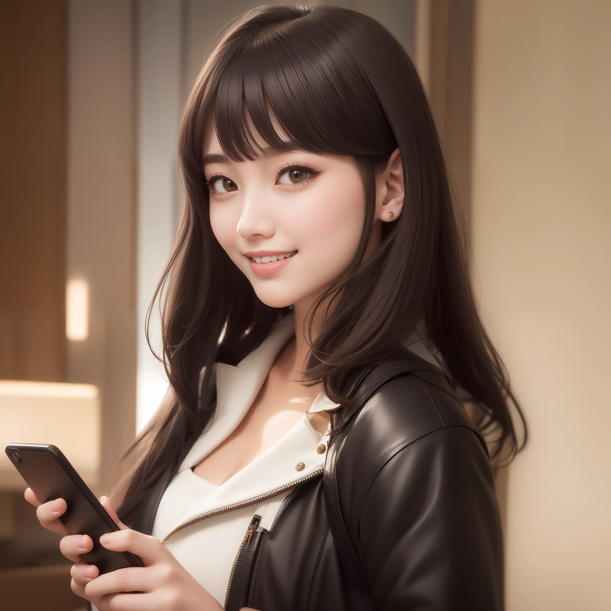 Arafe woman in black leather jacket holding mobile phone, smiling, smiling, gorgeous young korean woman, Larisa Manobal, portrait of Korean female idol, beautiful young Korean woman, beautiful korean woman, korean girl, blackpink Larisa Manoban, Tsuyu from TWICE, Korean female fashion model, cute korean actress, korean woman, She has a smartphone