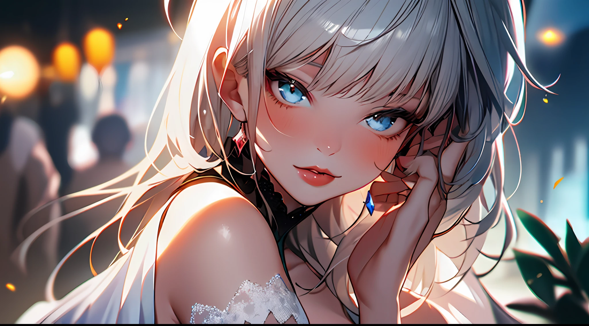 1girl, solo, portrait, lips, gem, bairs, close-up, grey eyes, white hair, looking at viewer, long hair, 2B in wedding dress, game character, lace white dress of Arad image woman, transparent lace, fabric panels, Sakimi Chan, Rossdraw Sakimimichan, ArtStation Artgerm on Pixiv, Artgerm in great detail, [8K digital art]!, Sakimichan, popular on ArtStation Pixiv, WLOP and Sakimichan,! Dream Art Germ, Huge Tits, Plump Figure, Fleshy, Very Long Hair, Colorful, HDR, Ray Tracing, NVIDIA RTX, Super Resolution, Unreal 5, Subsurface Scattering, PBR Textures, Post Processing, Anisotropic Filtering, Depth of Field, Maximum Clarity and Sharpness, Rule of Thirds, 16k Prist, (Glowing Particles: 1.4), Extremely Detailed CG, Unity 8k Wallpaper, 3D, Cinematic Lighting, Lens Vires, Reflections, Sharp Focus, Realistic, Highly Detailed CG Illustration, extremely delicate and beautiful cinematic light, (realistic: 1.5), (dark background: 1.5), dynamic angle, masterpiece, best quality, super detailed, illustration, detailed light, dramatic_shadow, face shadows, extra details, best performance,