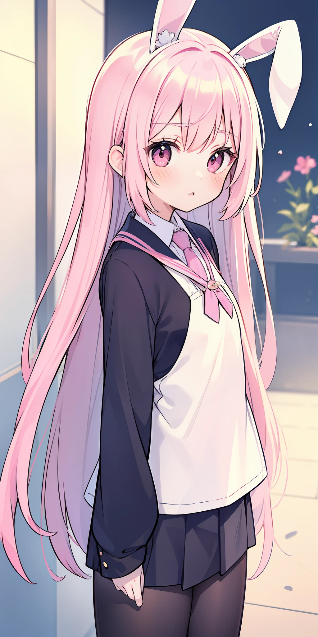 Anime girl with pink hair and bunny ears in pink tie, pink eyes, shy blush