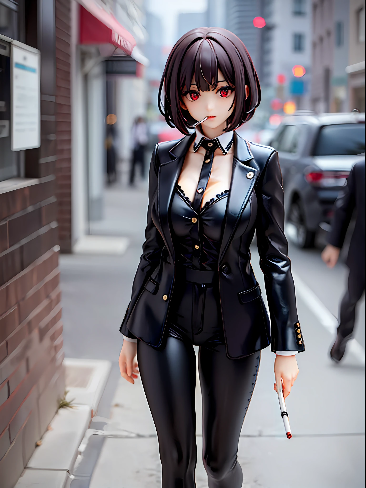 girl, white short hair, black outfit, wavy bob hair, black long coat, black shirt,  smoking cigarette, sharp eyes, large breasts, beautiful red eye, outside, full body, at night, from above, looking away