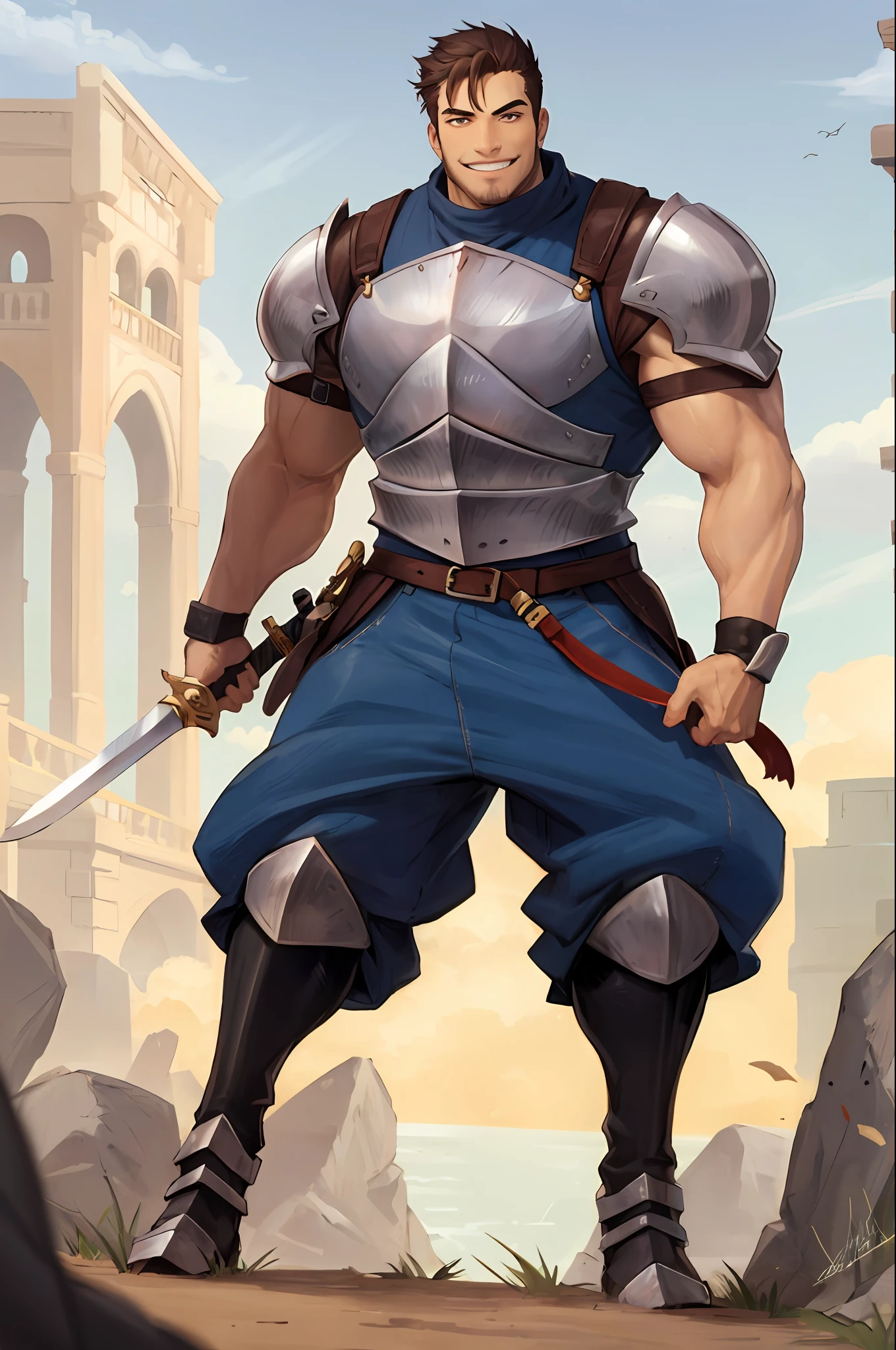 muscular male, knight, pants, smug, big smile, cartoonish, plumpvest, aventure, warrior, sword holding