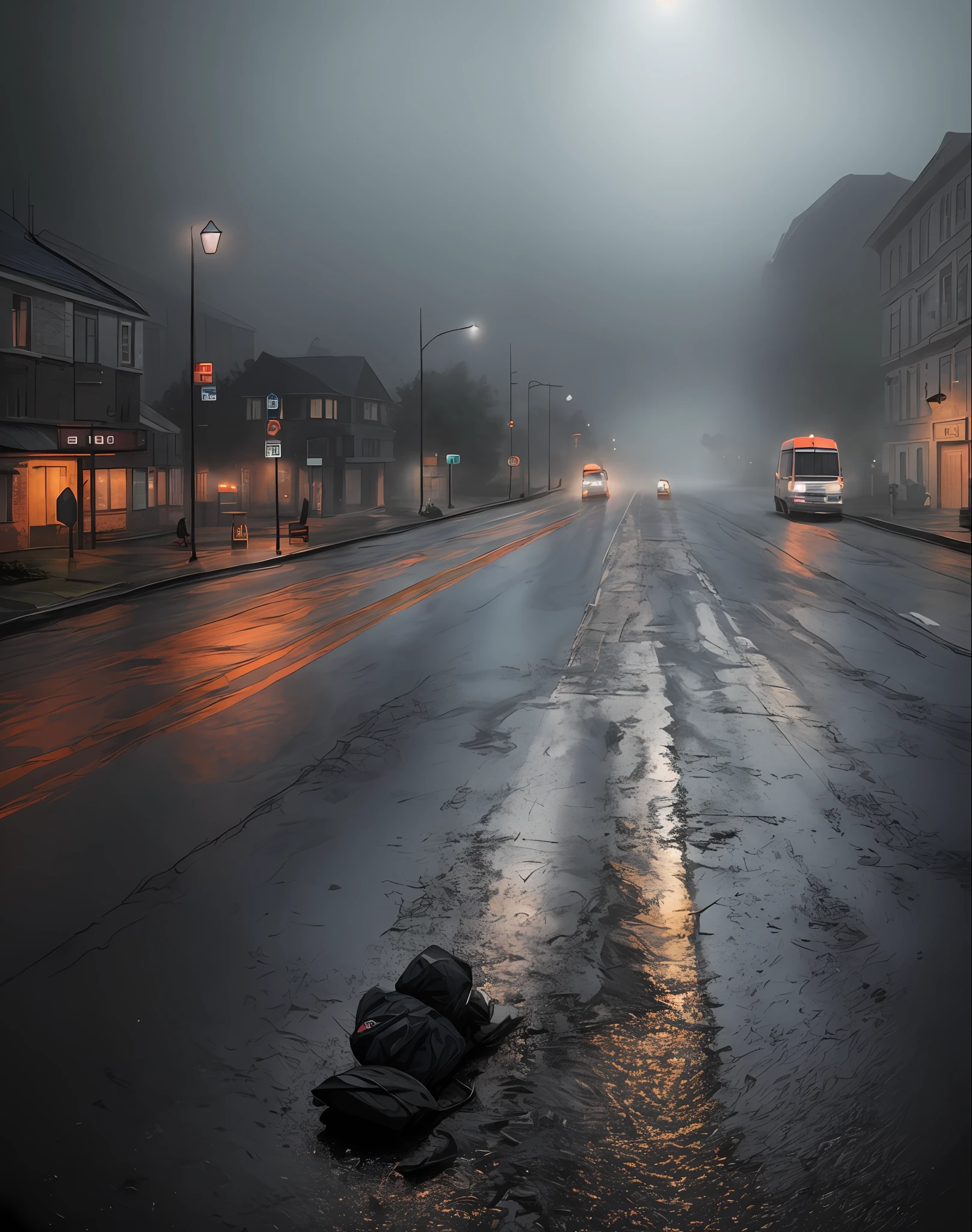 Horror scene, scary, fog, dark scene, night, rain, asphalt street, church freight, reflected lighting, artwork, 4k, hyper detailed