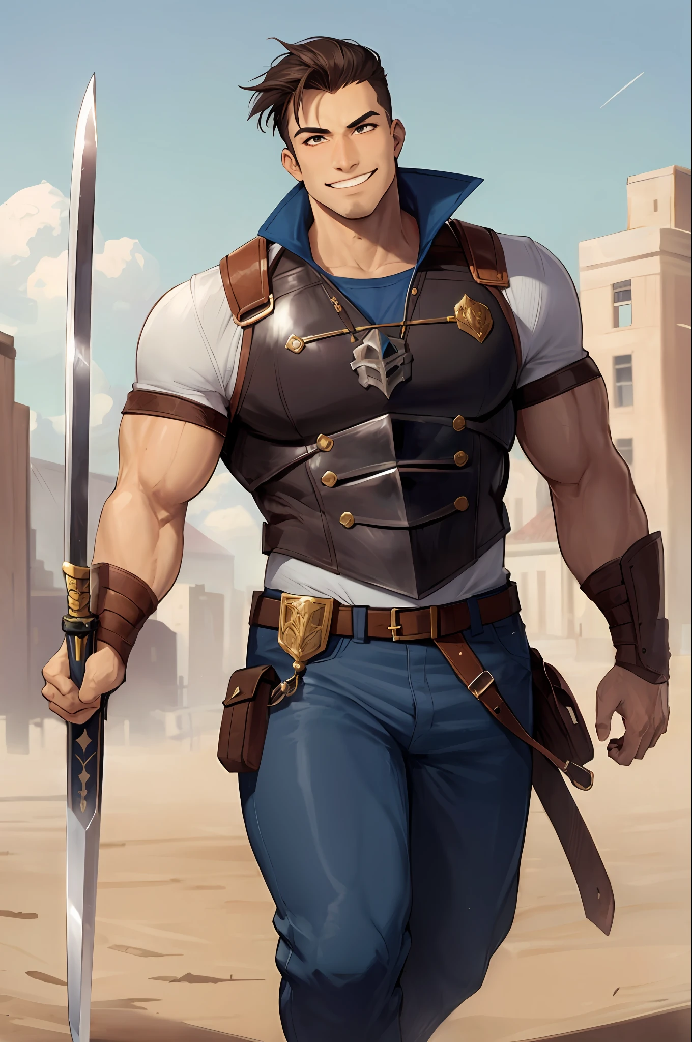 muscular male, knight, pants, smug, big smile, cartoonish, plumpvest, aventure, warrior, sword holding