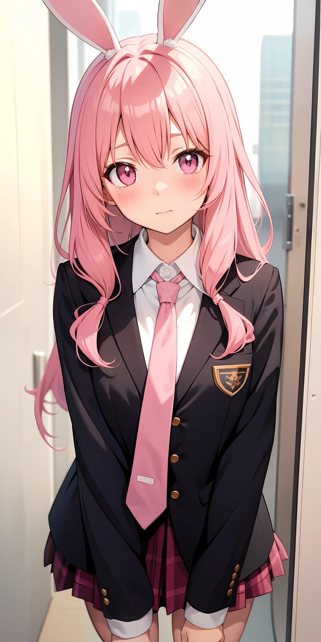 Anime girl with pink hair and bunny ears in pink tie, pink eyes, shy blush