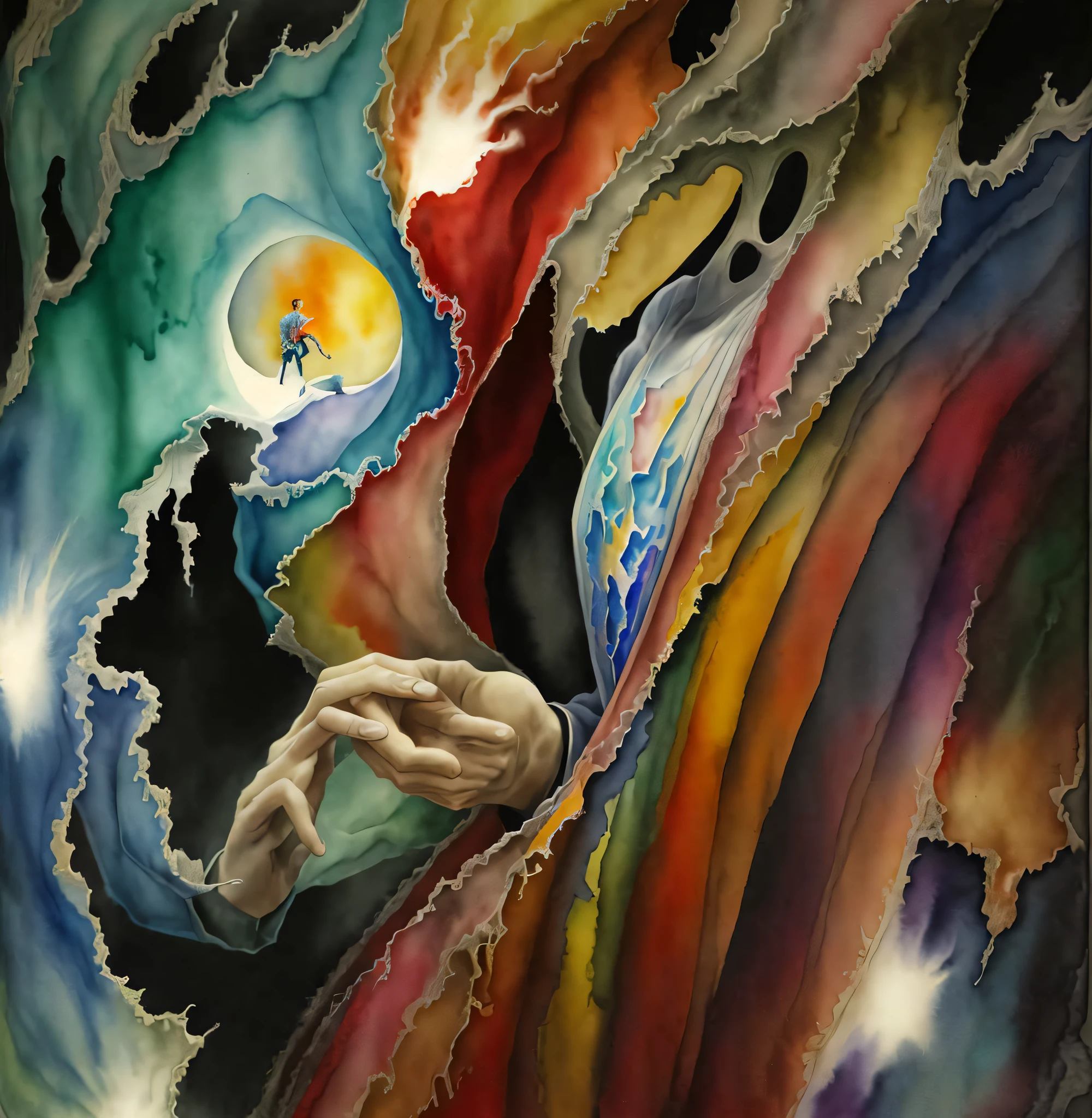 (surrealist watercolor portrait artwork of a man opening the fabric of creation), highly detailed, better quality, better colors, dynamic position, expressive face, dramatic backlight, vibrant colors.