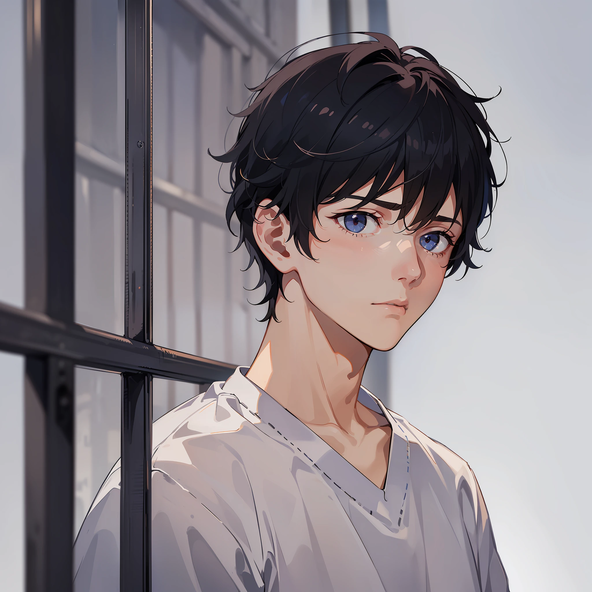 (A young man wearing white pajamas stands in front of the prison bars, looking up at the sky: 1.9) (Short messy hair: 1.6) (Pensive expression on face: 1.8) (Background: Grim prison environment with dim lighting and cold metal bars: 1.7)