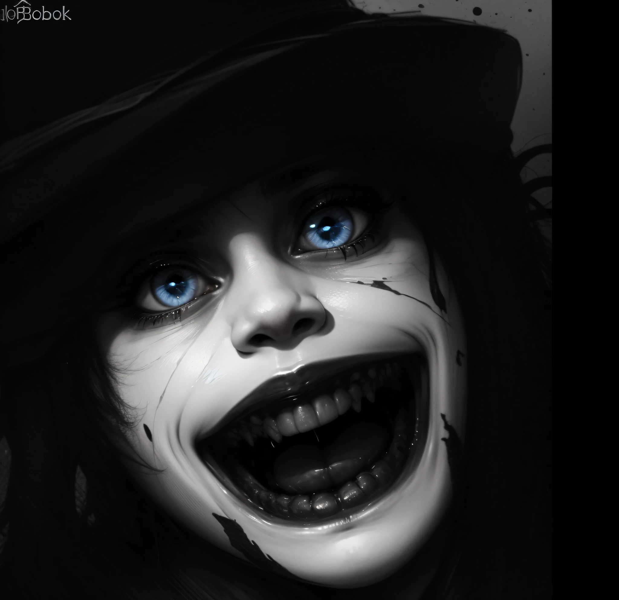 Babadook's face, smiling, full color, best quality, masterpiece, 8k, close up, close his mouth, blue eyes, dark hair, mischievous, scary, male --auto --s2