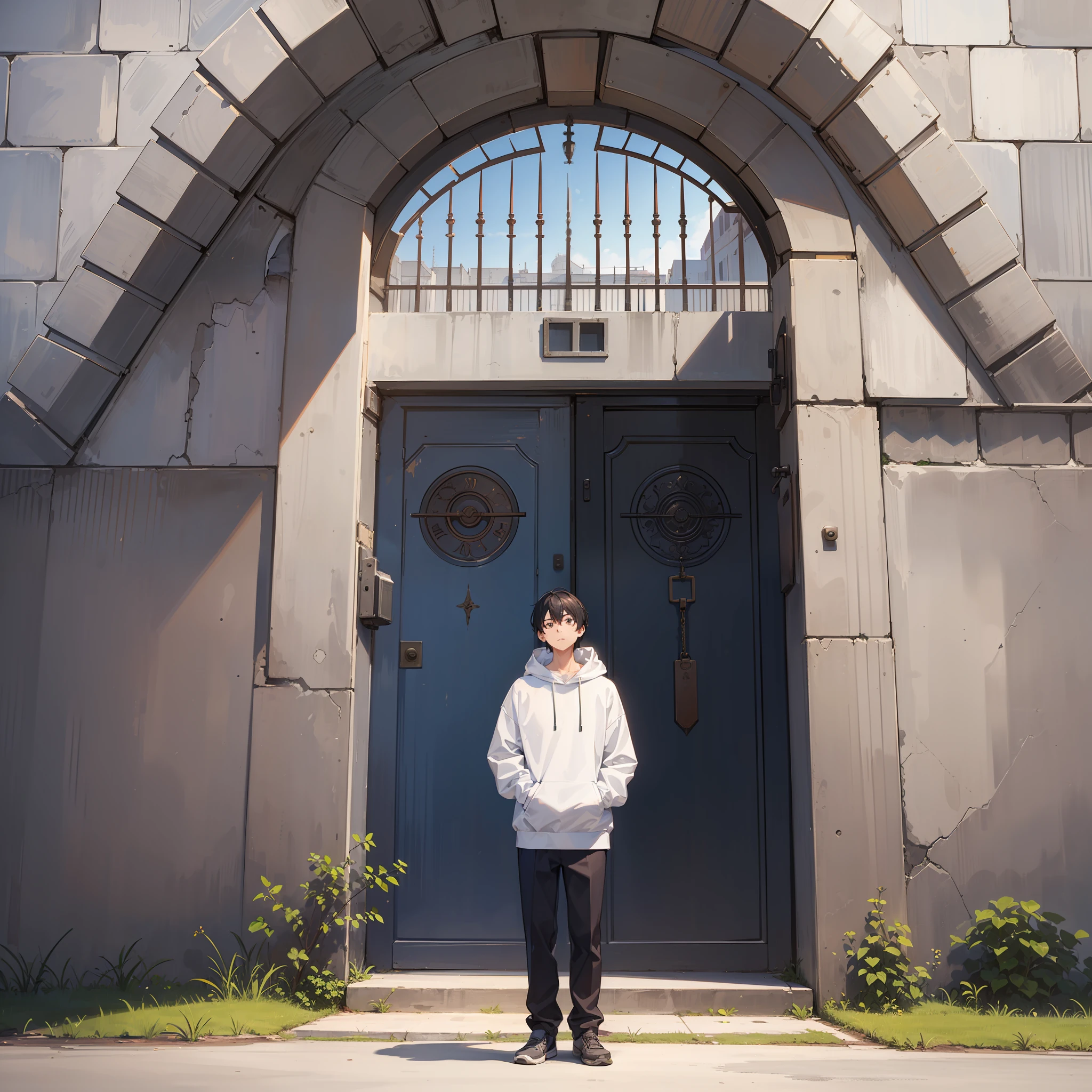 (A man in a white sweatshirt 1.8)
(Standing in front of the prison gate 1.9)
(Looking up at the sky 1.6)
