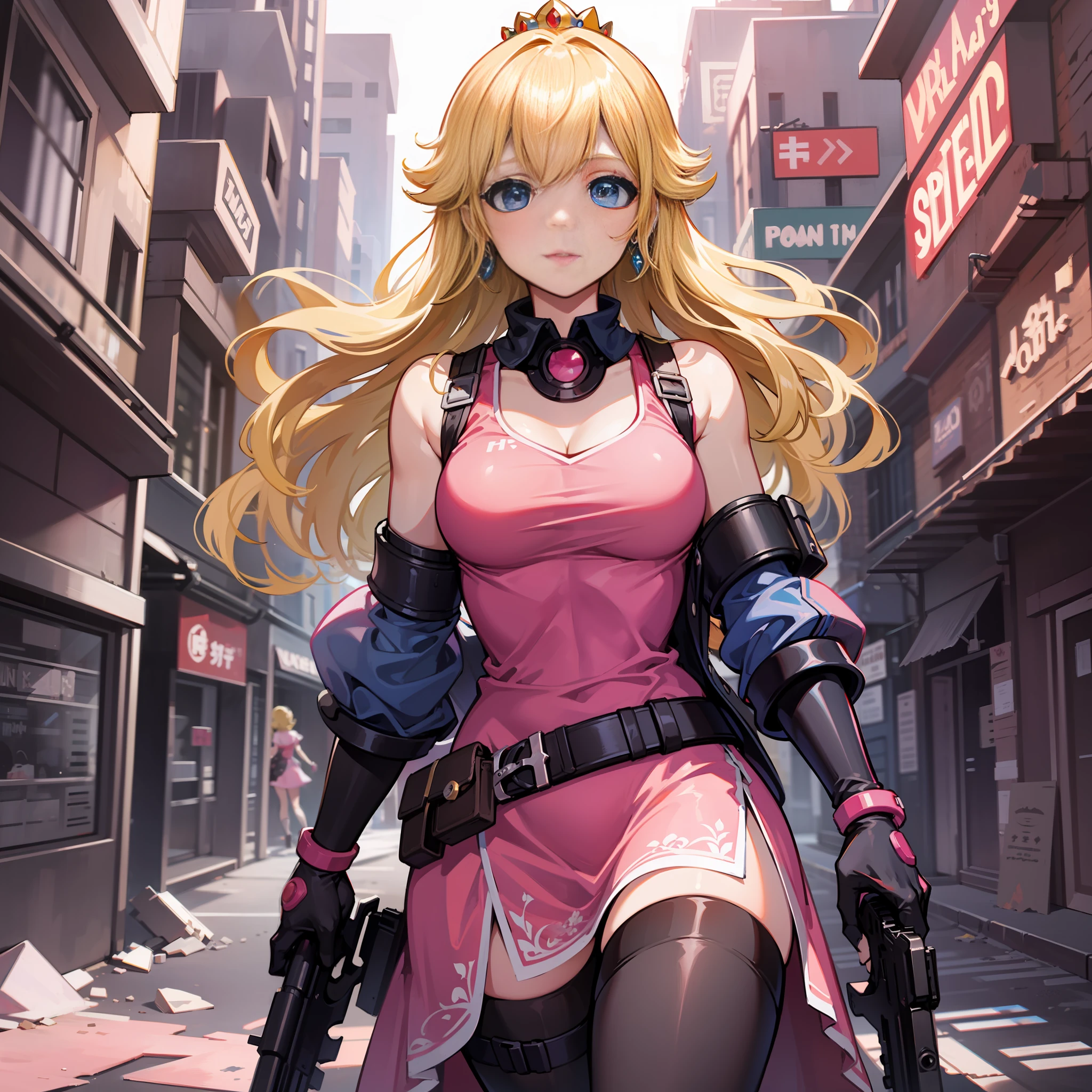 A woman, pink dress, athletic body, holding a gun, short clothes, blonde hair, blue eyes, long hair, in an apocalyptic city, deserted, city destroyed, princess peach,