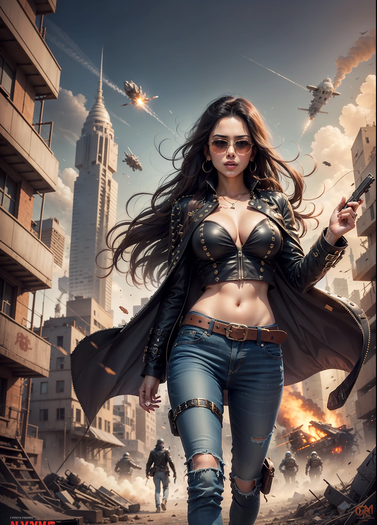Arab movie poster, beautiful woman, big chest, medium dark long hair, sunglasses, black jeans, belt, long coat, rivets, holster, rivets, explosions, city, ruins, aliens invades, just one body