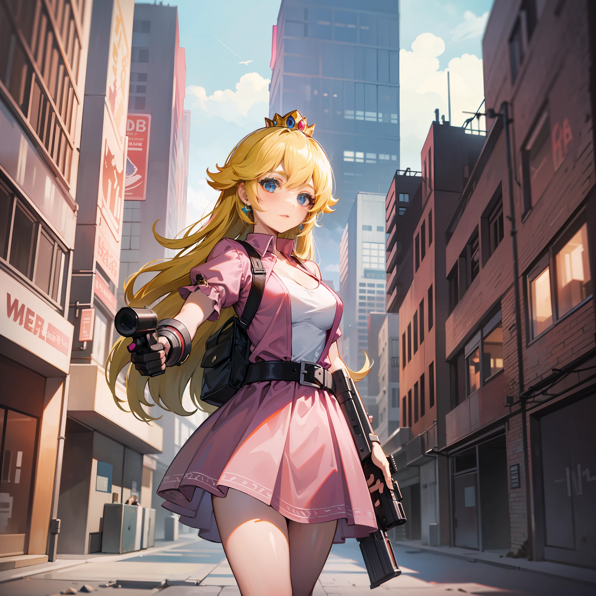 A woman, pink dress, athletic body, holding a gun, short clothes, blonde hair, blue eyes, long hair, in an apocalyptic city, deserted, city destroyed, princess peach,