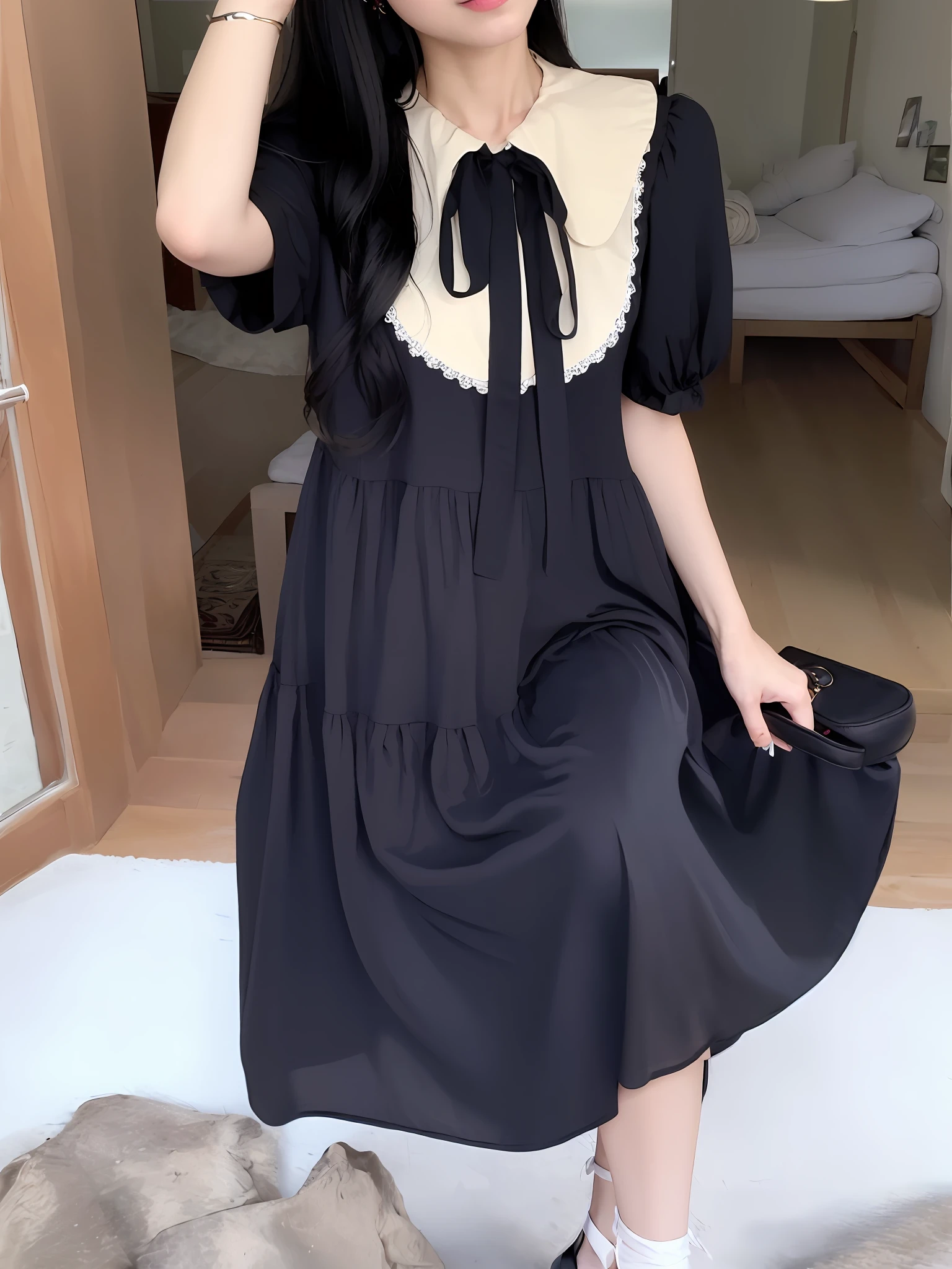 there is a woman that is standing on a step with a purse, light half opened dress, ( ivory black ), with black, flowing dress, wearing black old dress and hat, soft silk dress, she is wearing a black dress, dark black long dress, simple dress, romantic dress, long dress, wearing black dress and hat, detailed picture, beautiful soft silky dress