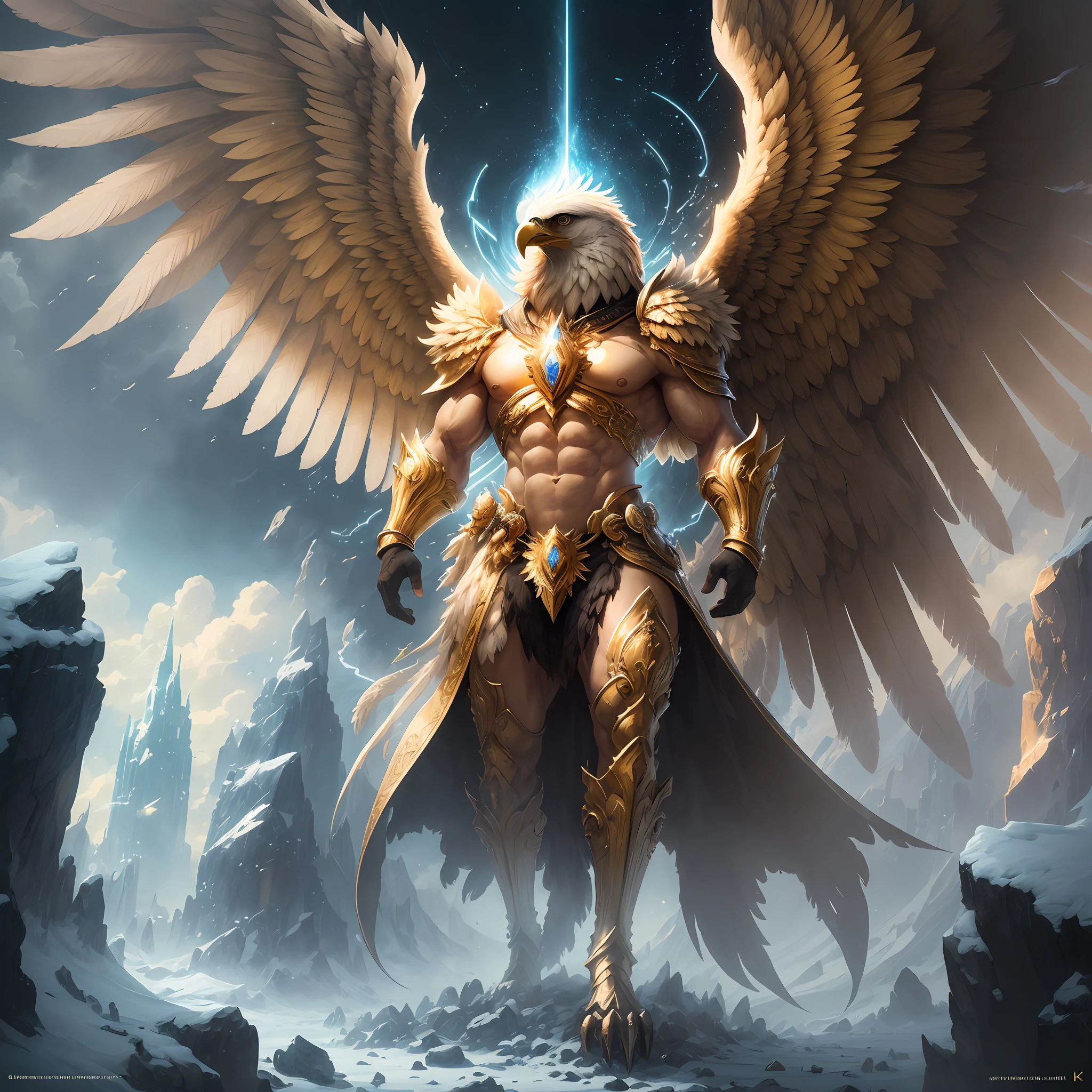 The anthropomorphic eagle vulture can be described as having a human body and (eagle's head) and golden wings, human arms, upright walking creatures, ((beautifully detailed griffin)) (extremely detailed CG Unity 8k wallpaper), professional majestic oil painting by Ed Blinky, Atea Gaylan, Studio Ghibli, Jeremy Mann, Greg Manches, Antonio Exhibited at ArtStation, Moreau was popular at CGSociety, with dramatic photorealistic paintings by Complex, High Detail, Sharp Focus, Midjourney, and Greg Rutkowska. super high resolution, best quality, photos, 8K, (Realistic: 1.2), cinematic lighting, giant in bright gold robe with golden feathers, floating on the crystal throne, floating on a crystal cloud, yellow eyes, bright yellow light emanating from the throne, gemstone floating in the sky, God, a beam of light shrouds his body, The crystal throne has large translucent (golden feathered wings) with wings spread, Golden light overhead (aura: 1.2), abdominal muscles wearing medieval golden armor, golden feathers, masculinity, darkness, masterpiece, best quality, intricate details, snow environment and crystal in background, crystal cathedral, futuristic portal, 3D light, HD, magic, light god, backlight, detailed face, fear, depth of field, soft lighting, tone mapping, high detail, concept art, smooth, clear focus, dramatic lighting, highly detailed art, film, 8K, Amazing shadows (highly detailed background: 1.2) --auto --s2