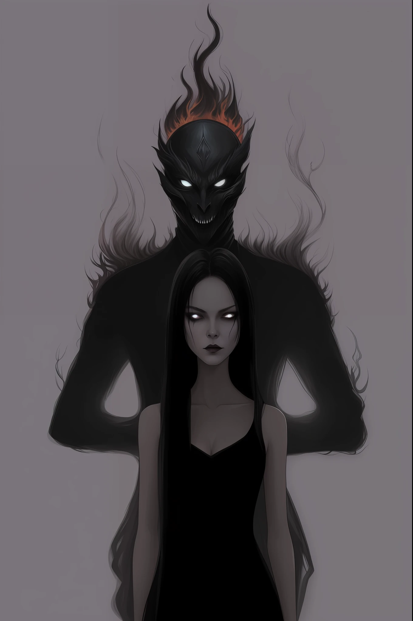 a drawing of a woman with long hair and a demon face, dark illustration, woman made of black flames, mysterious and dark art style, people without dark face, high contrast dark concept art, Spirit with mulhe dark conceptual art, all face covered with a fire, dark fantasy style art, dark entities, dark fantasy illustration