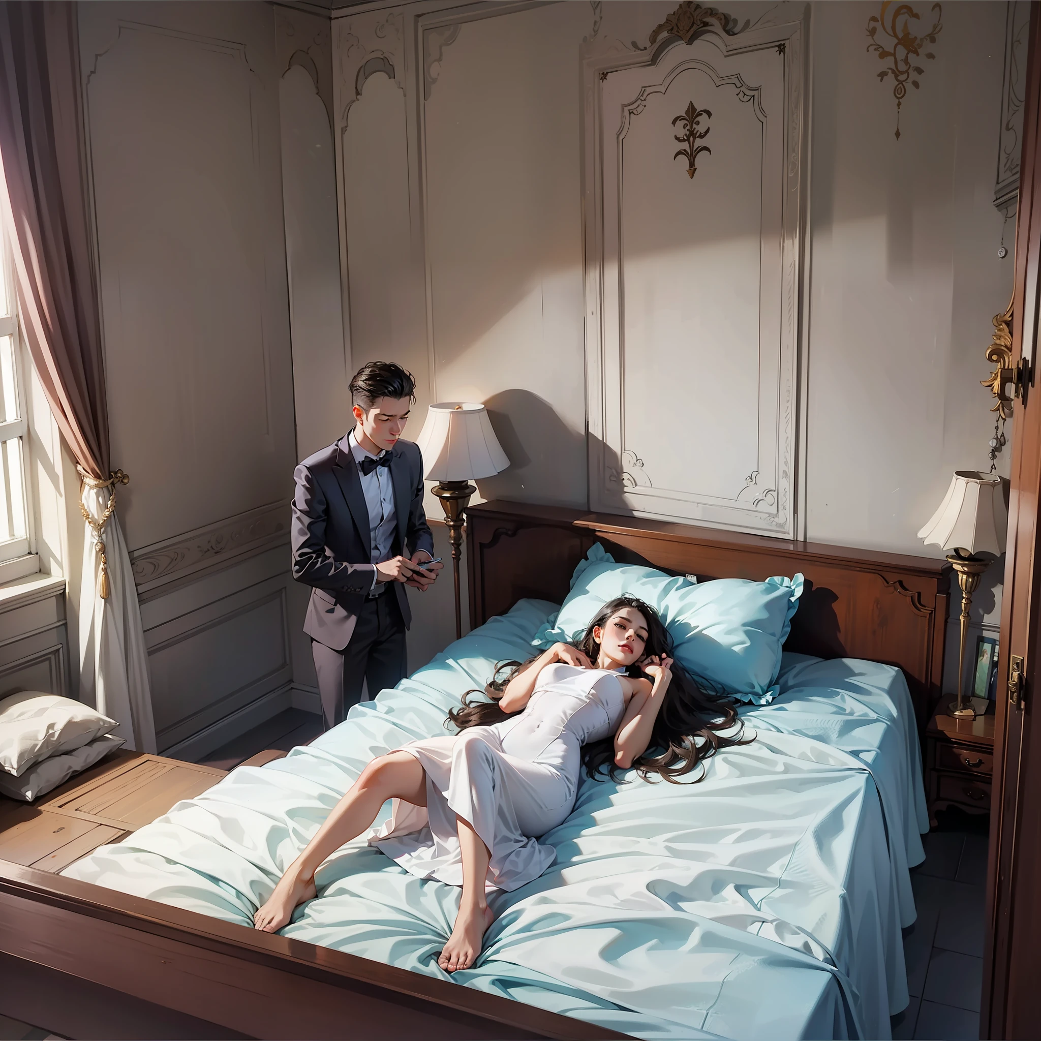 (A woman and a man in bedroom 1.9)
(Man standing 1.7)
(Woman lying in bed 1.9)