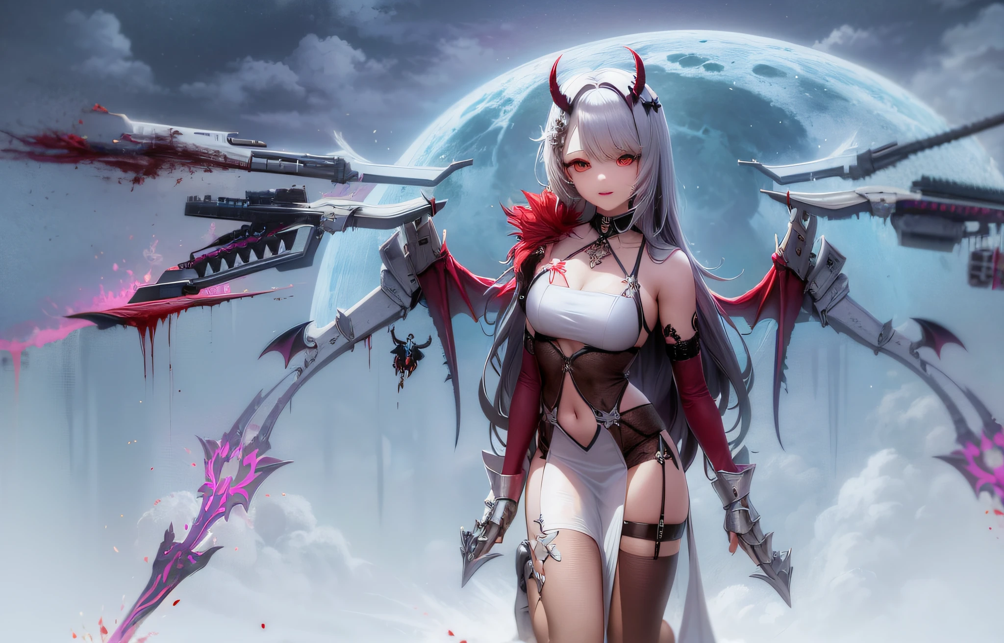 anime character with wings and a full body of blood, from the azur lane videogame, demon anime girl, white horns queen demon, characters from azur lane, sharp silver armor fuchsia skin, mika kurai demon, azur lane style, holy cyborg necromancer girl, giesha demon, beautiful succubus, lunar themed attire