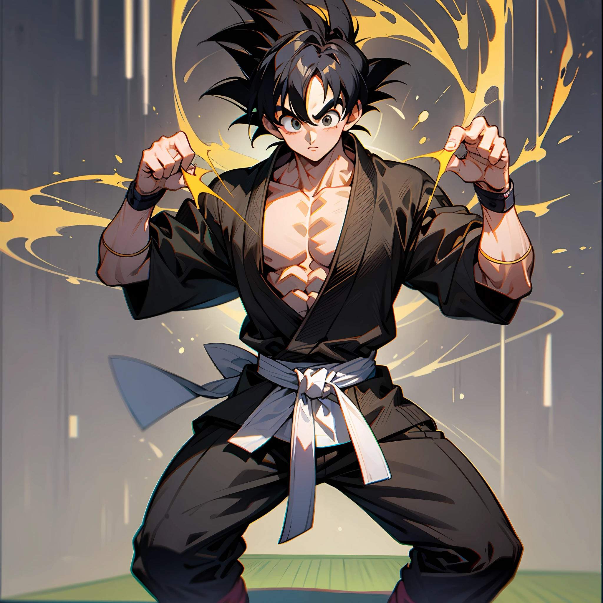 Goku, fighter, jiu-jitsu, (black belt), black kimono, (doing a pose), (on the mat), --auto --s2