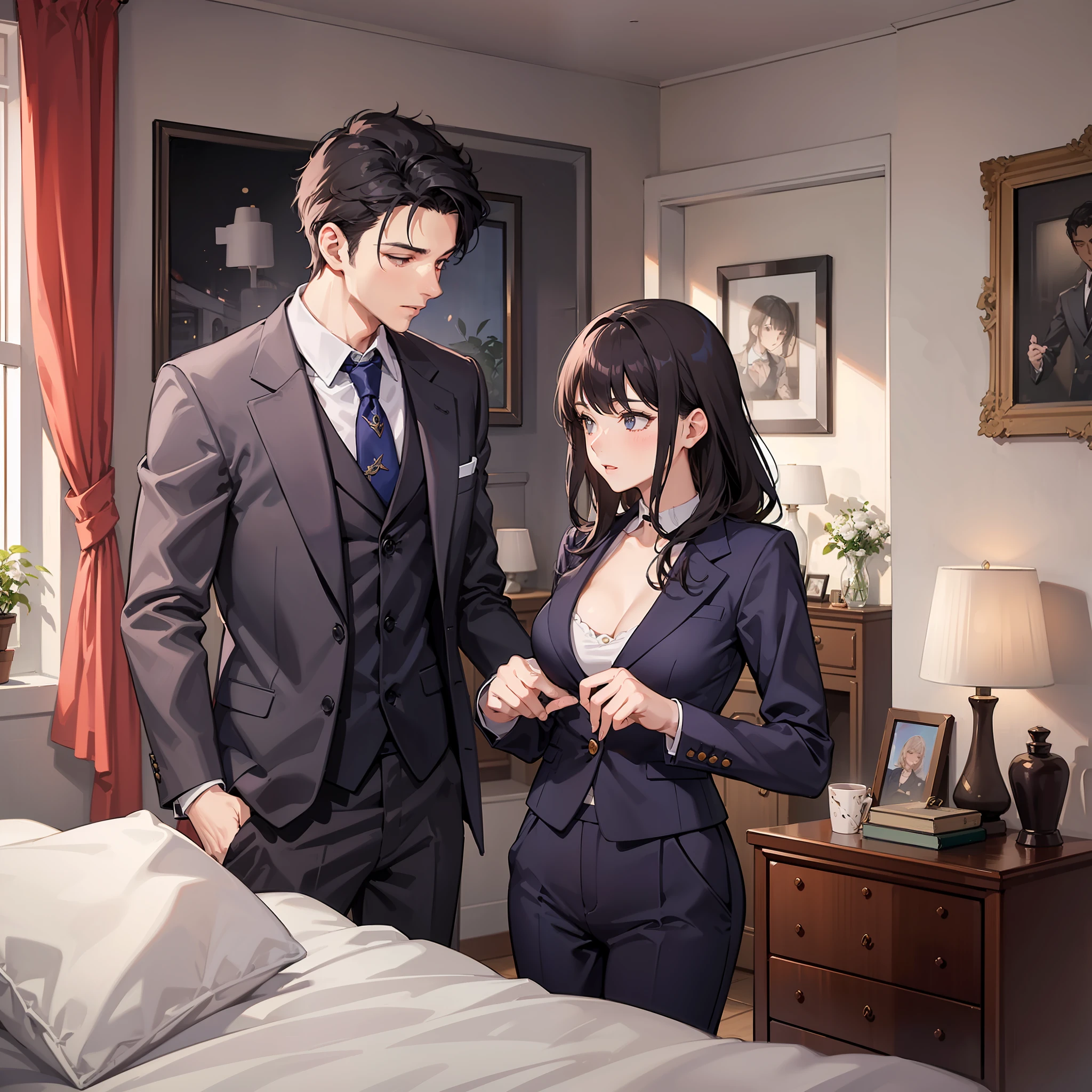 (A woman and a man in bedroom 1.9)
(Man in suit 1.6)
(Man standing 1.7)
(Woman lying in bed 1.9)