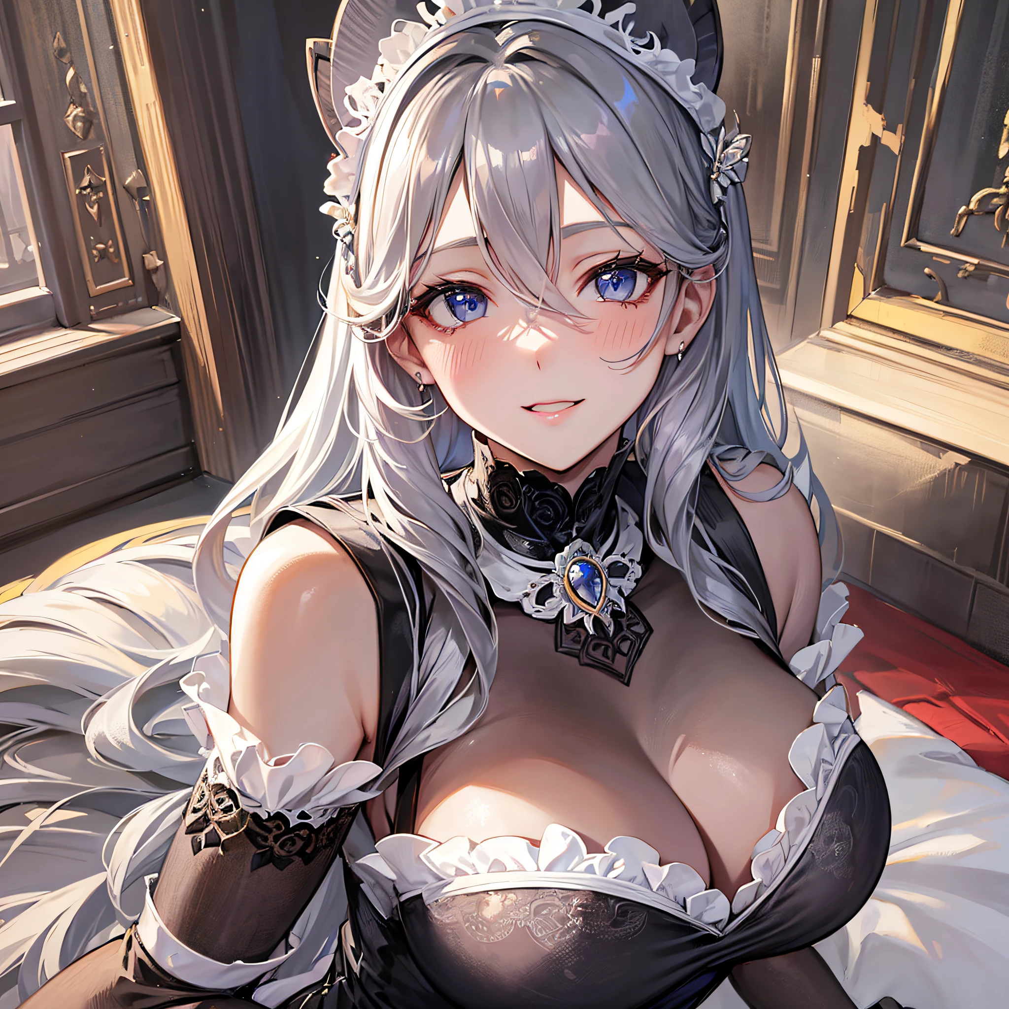 Absolutely beautiful cat lady, perfect slim body, mature royal sister, gray hair, royal sister face, maid outfit, sexy and alluring, beautiful face, bust, 4K picture quality, big body, feminine expression, blush shyness, outrageously large bust, deep eyes, smile