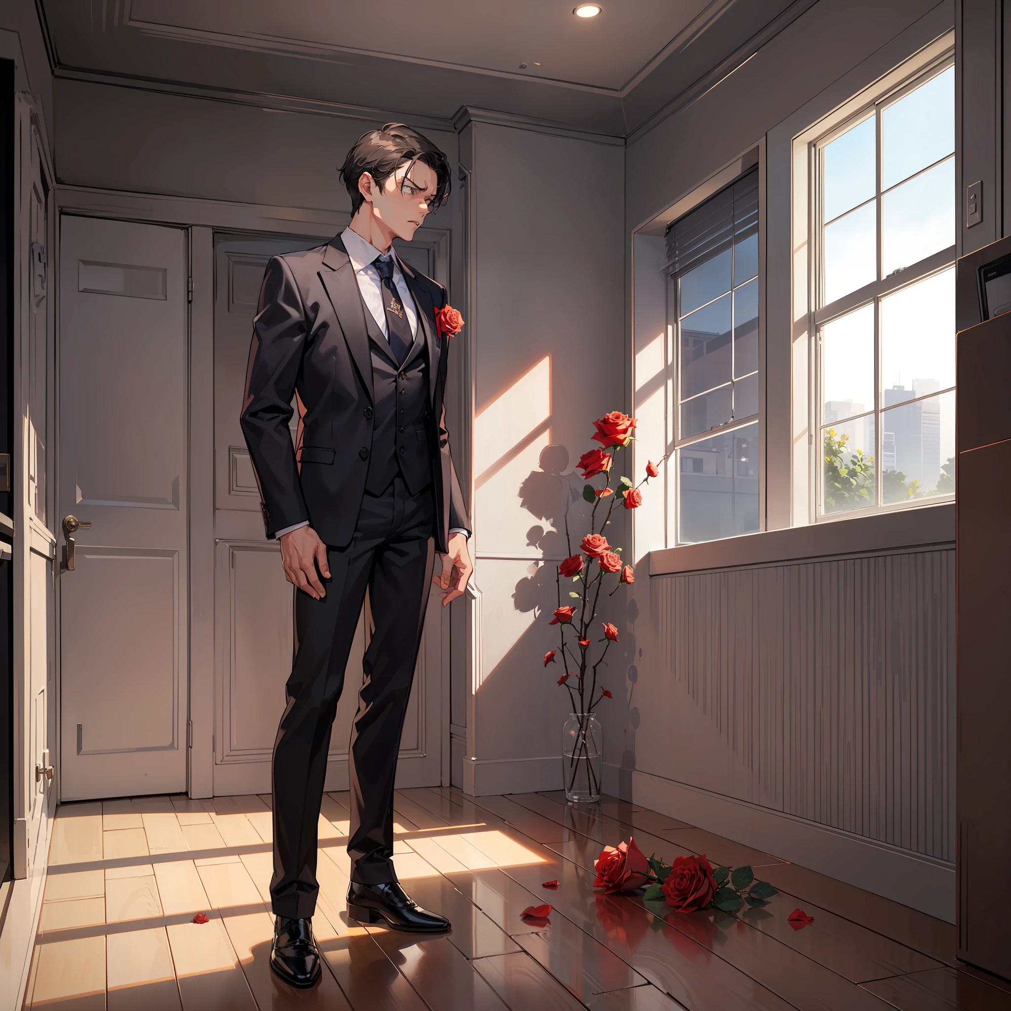 (A Man in a Suit 1.9)
(Man standing in bedroom 1.6)
(There is a rose on the ground 1.9)
(Man opens his mouth 1.9)
(Very Angry 1.8)