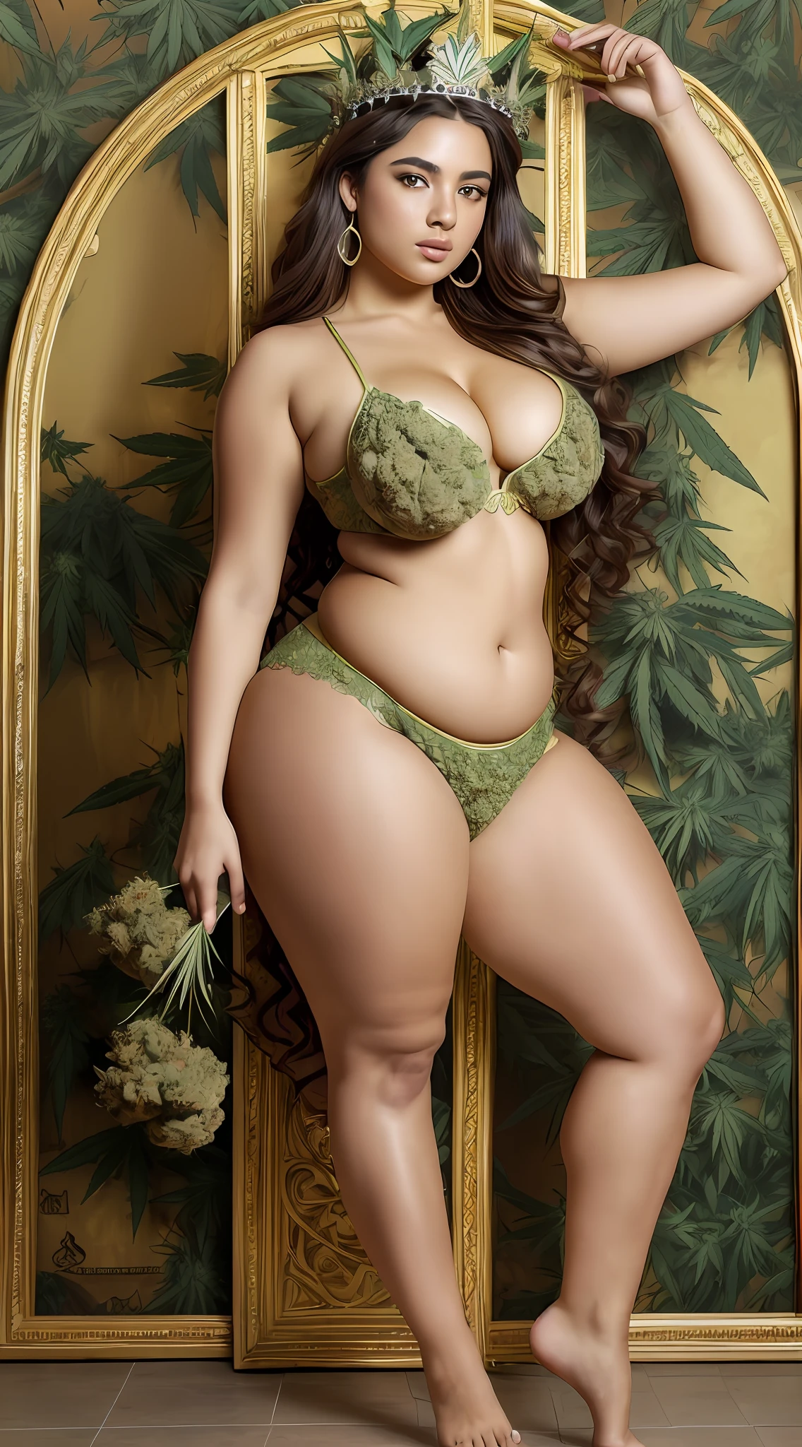 (A full body shot:1.5), (ultra wide angle), (extremely detailed CG unity 8k wallpaper:1.5),<(masterpiece:1.5), (best quality:1.7), high resolution illustration, (finely detailed eyes and detailed face:1.3), (detail:1.3, best quality, (ultra-detailed), (an extremely delicate and beautiful), (painting),(masterpiece:1.5),cinematic light,dynamic angle,floating,sharp focus,(2d:1.7), (best quality:1.3),(illustration:1.1),((disheveled hair:1.2),(beautiful detailed eyes:1.1),(cinematic light:1.1), (marijuana goddess:1.2), (cannabis goddess:1.2), (ganja goddess:1.2), (weed goddess:1.2), (hemp goddess:1.2), (marijuana leaf crown:1.2), (Beautiful Spanish Girl), wearing a Sexy Spanish Traditional Dress, curvy body type, voluptuous body type, busty body type, thick body type, big chest, big boobs, (Spanish Art Culture), Exotics, Barcelona Cannabis Landscape background
