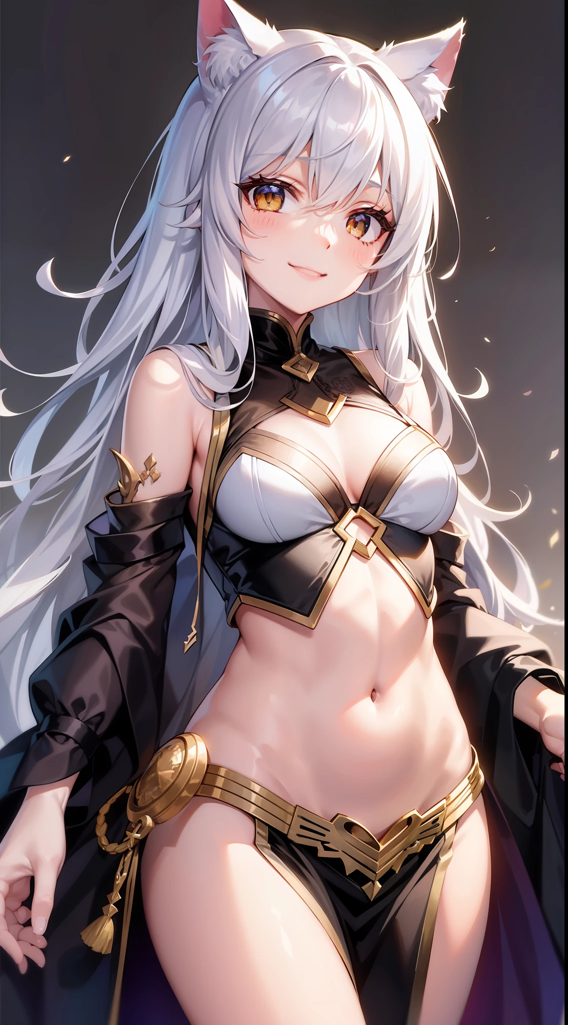 Young girl, long white hair, golden eyes, cat ears, combat robe, sleeveless, open belly, inner, smile, masterpiece, high quality