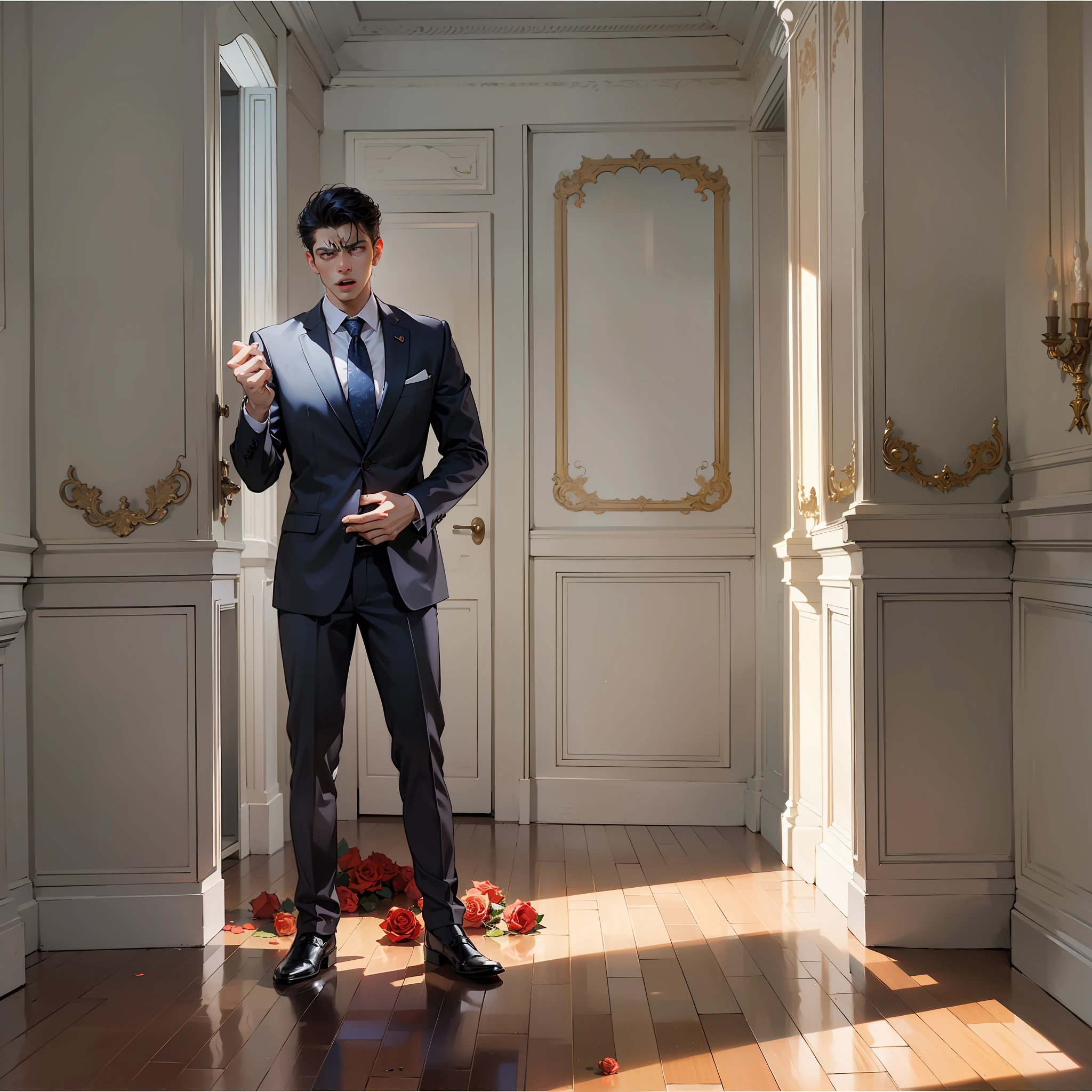 (A Man in a Suit 1.9)
(Man standing in bedroom 1.6)
(There is a rose on the ground 1.9)
(Man opens his mouth 1.9)
(Very Angry 1.8)