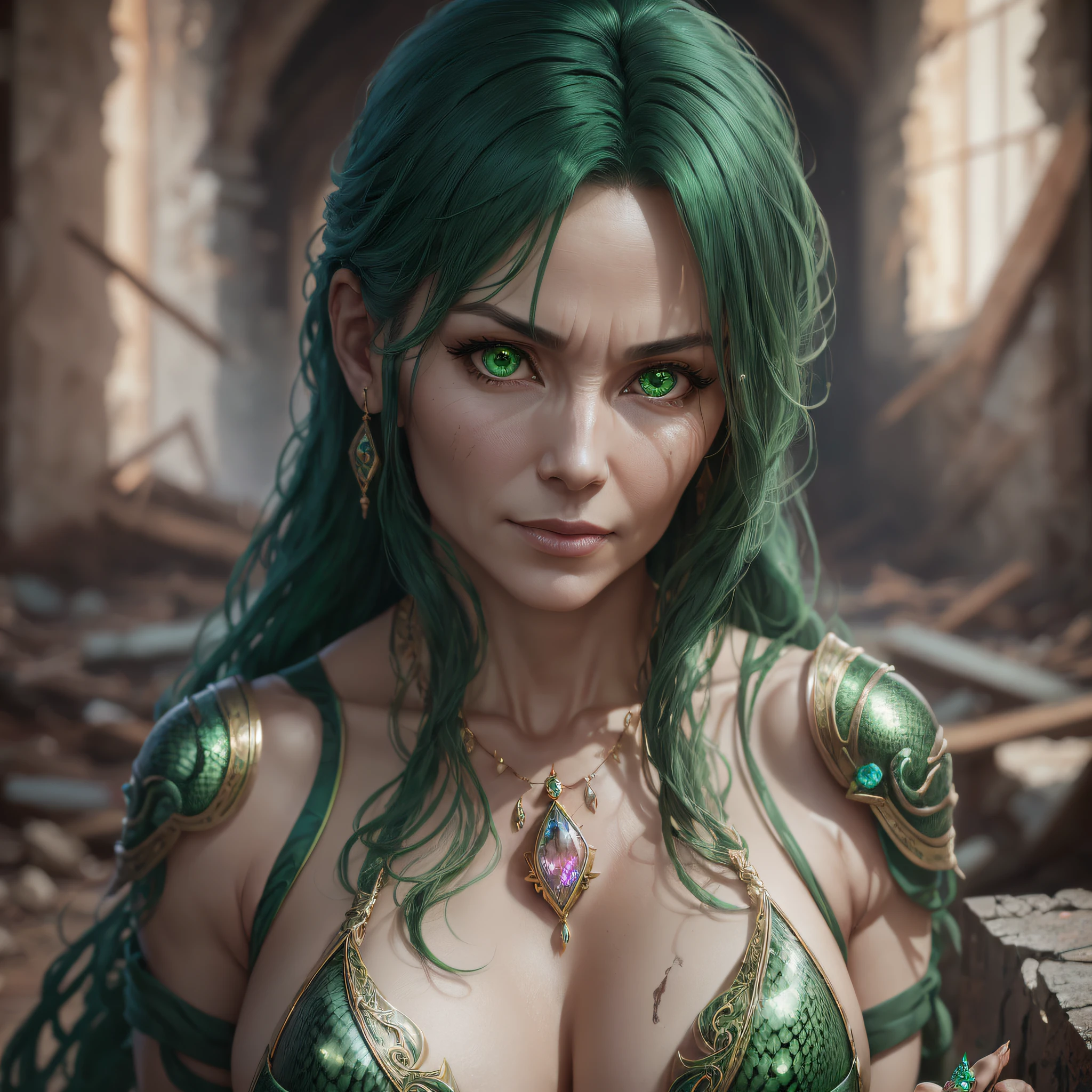 ((45 year old woman lamia)), (perfect face), green colored serpent hair, in a ruin with slightly high natural light, (perfect body, artwork), with ultra detailed armor, (beautiful perfection body), with a blank look, with hands holding magic jewel, (ultradetailed: 1.3), (high definition: 1.6), 8k