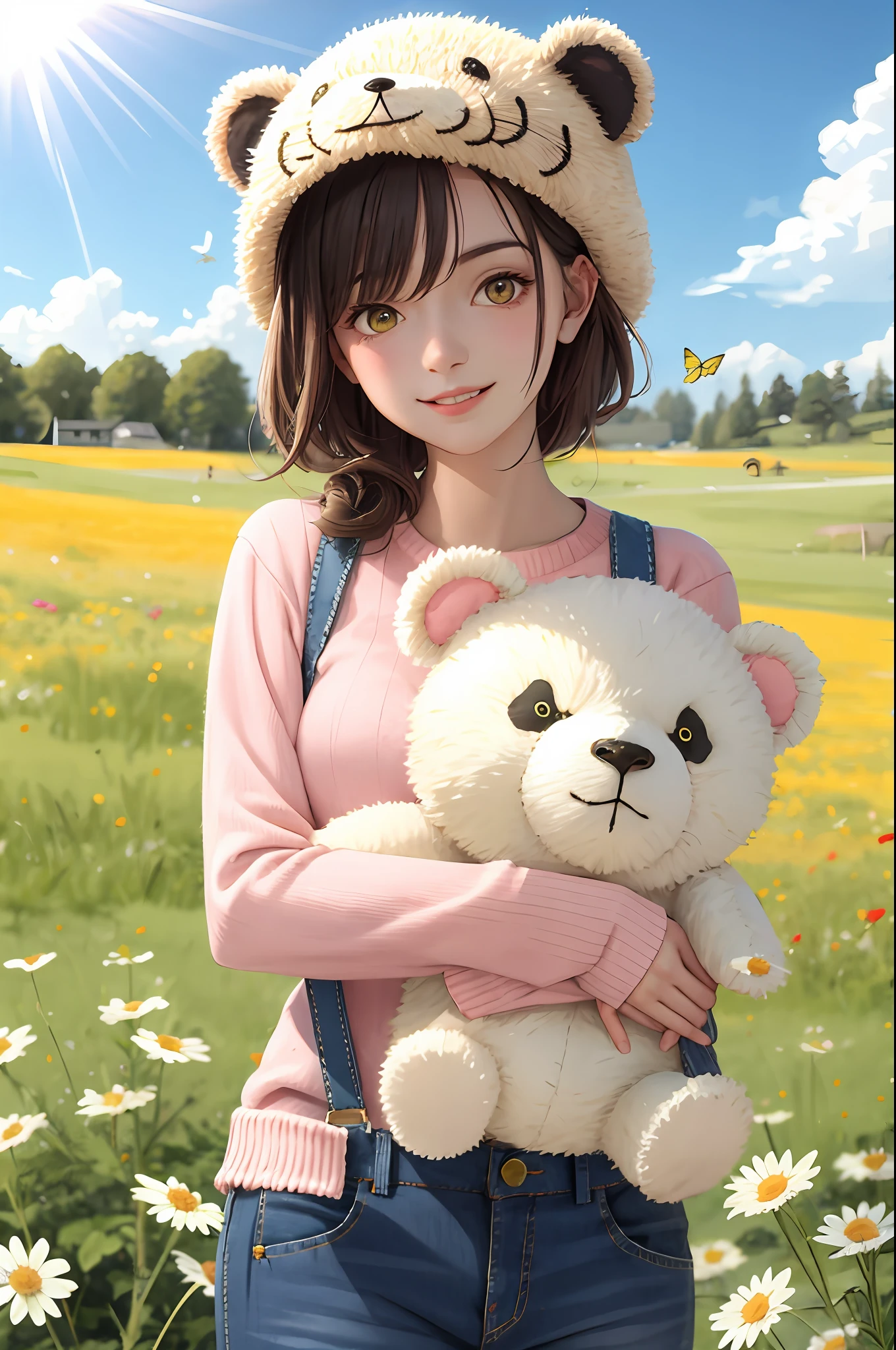 (Face detail: 1.5), (Eye detail: 1.5), (Sharp photo), High detail, Ultra detail, Ultra resolution, (Strong depth of field: 1.5) Style - Cute and playful Positioning - Open scene background - blue sky and white cloud main body - pink sweater little girl with animal ear hat on head, teddy bear in hand, bright eyes, rosy cheeks costume - pink sweater, denim suspenders, white sneakers, animal ears hat Pose - standing with a smile holding a teddy bear Details - wildflowers and tall grass in the background, Butterflies and birds flying around Effect - Warm sunlight shines on the girl, casting a soft glow Description - A cute and innocent girl enjoying her time in the open grassland, surrounded by the beauty of nature. She wears a pink sweater, denim suspenders, a panda hat and holds a teddy bear. The warm sun shines on her, and the wildflowers gently sway in the breeze. Butterflies flutter around her, adding to the playful atmosphere.