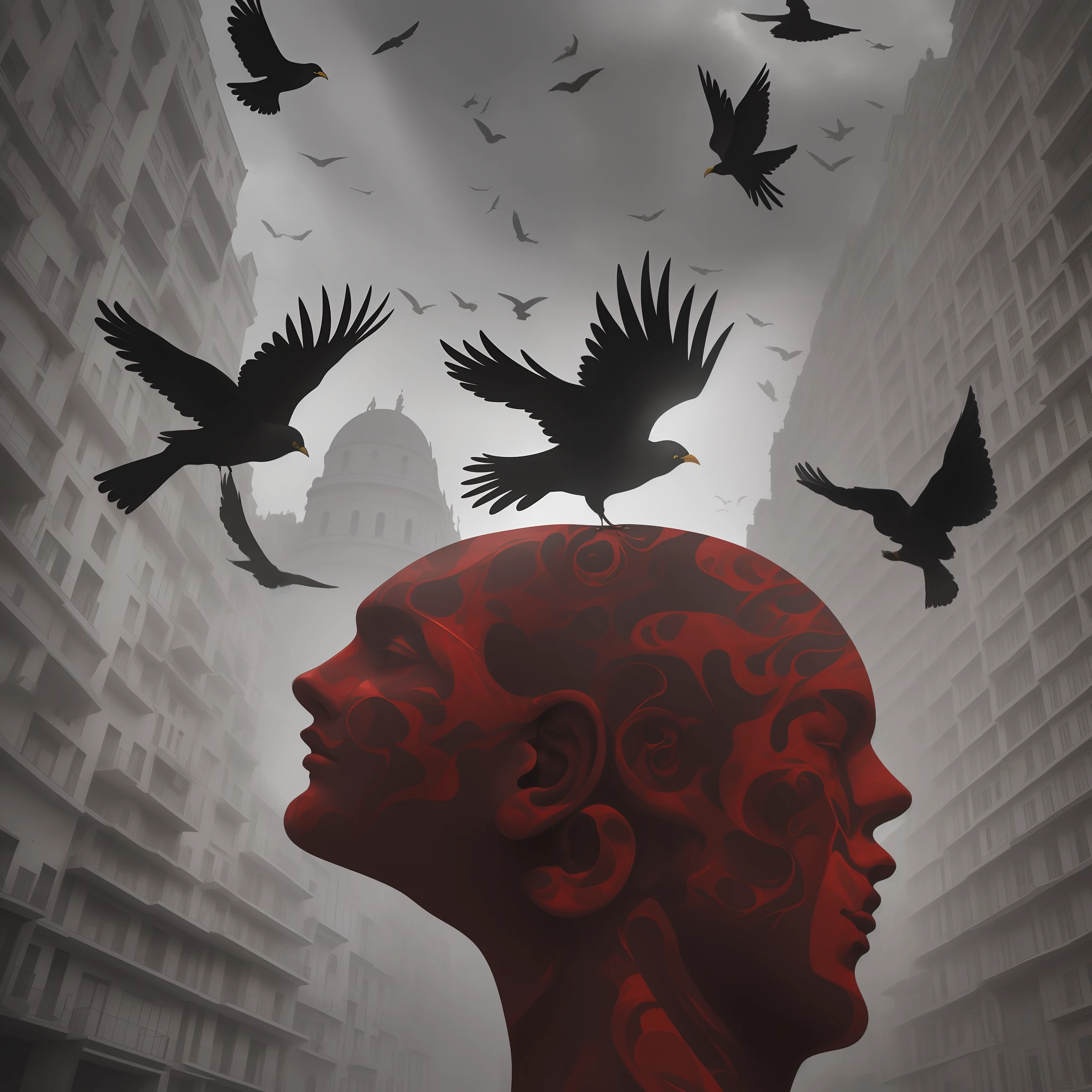 concept artwork, M.C Escher + Architectural Art + b/w photography by Pierre Verger / style fusion / Red marble man's head floating with Black birds around/ mystical and spiritual atmosphere / dark tones / supernatural/Macro lens/Surreal juxtapositions--ar 1080:1350 --c 12