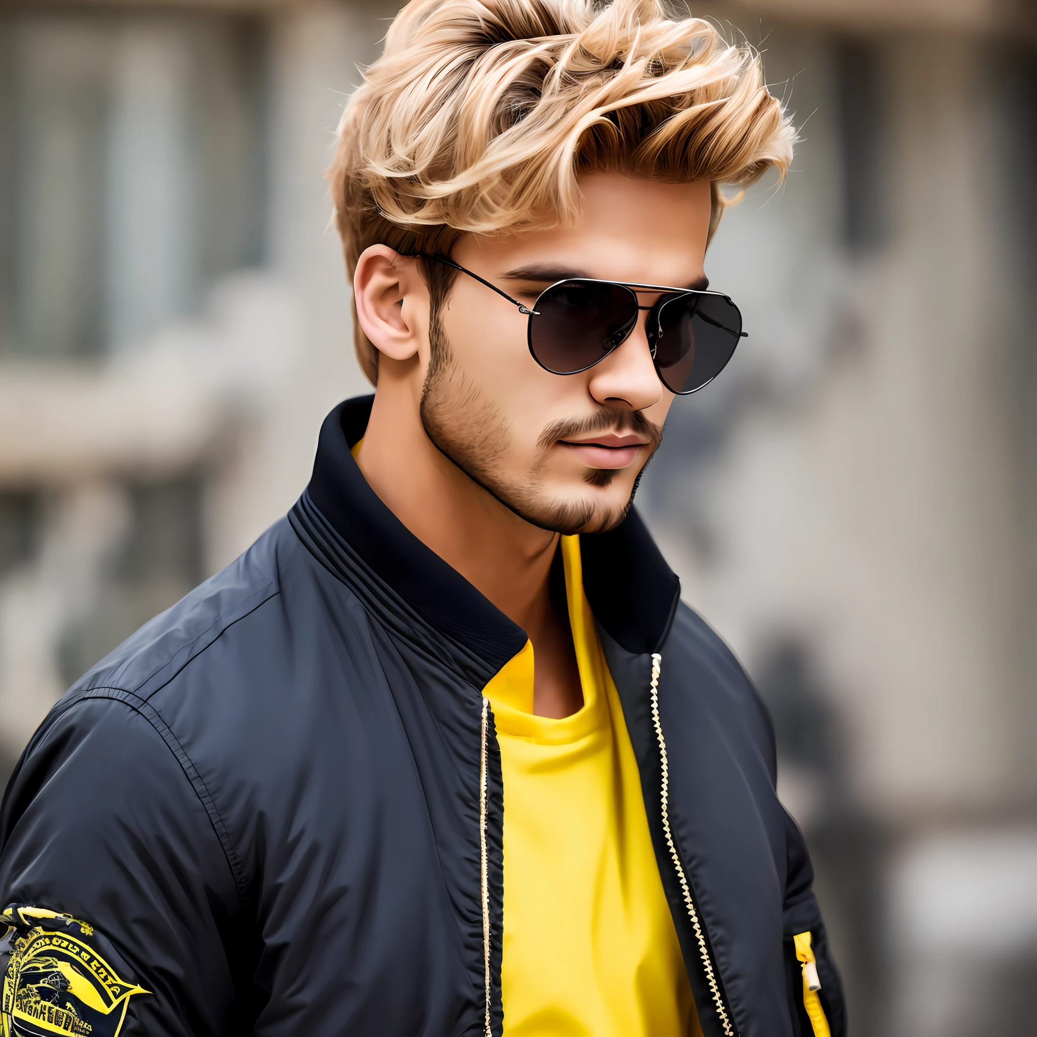 Male guy blonde hair wearing black bomber jacket with yellow shirt and aviator glasses