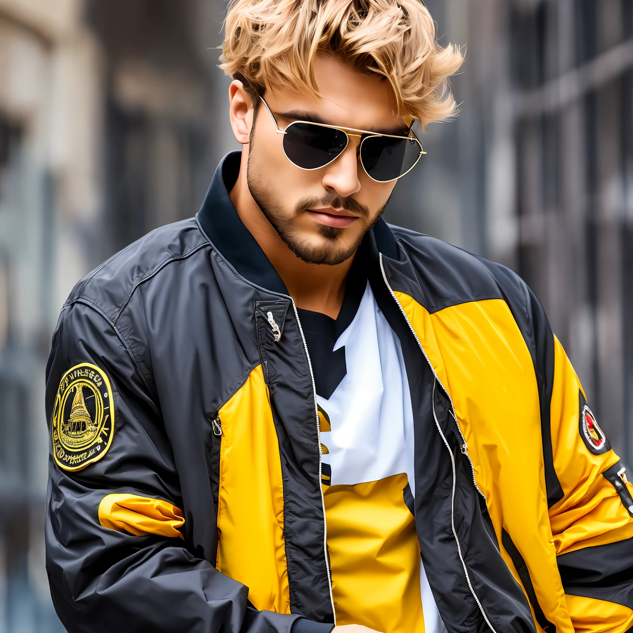 Male guy blonde hair wearing black bomber jacket with yellow shirt and aviator glasses