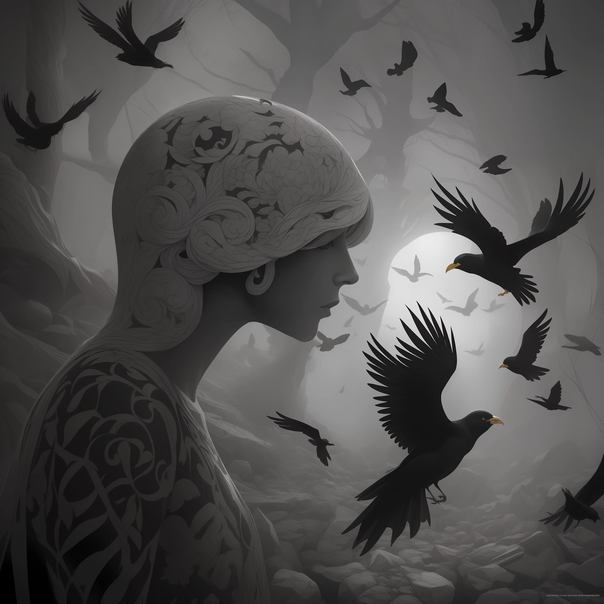 concept artwork, M.C Escher + Architectural Art + b/w photography by Pierre Verger / style fusion / Red marble man's head floating with Black birds around/ mystical and spiritual atmosphere / dark tones / supernatural/Macro lens/Surreal juxtapositions--ar 1080:1350 --c 12