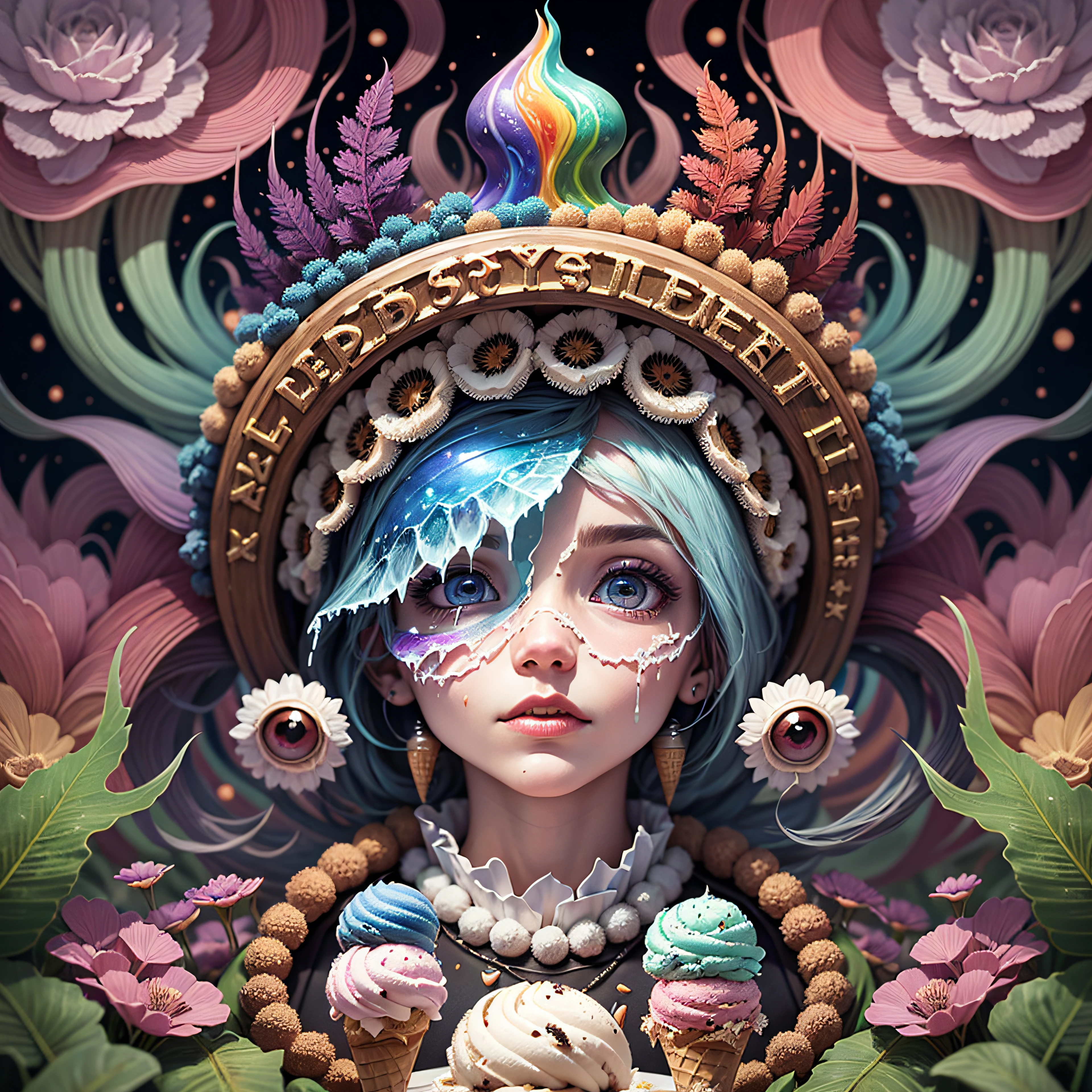 epoxy_skull, (ice cream:1.2), Ultra HD, Rich Details Poster, Illusion, Illustration, Cosmic Eye, Awesome Visual Effects, Cosmic Horror, Hemp Leaf Plant, Mushrooms, Psychedelic Trip, Art, Art, Cosmic Art LSD Poster, --auto --s2