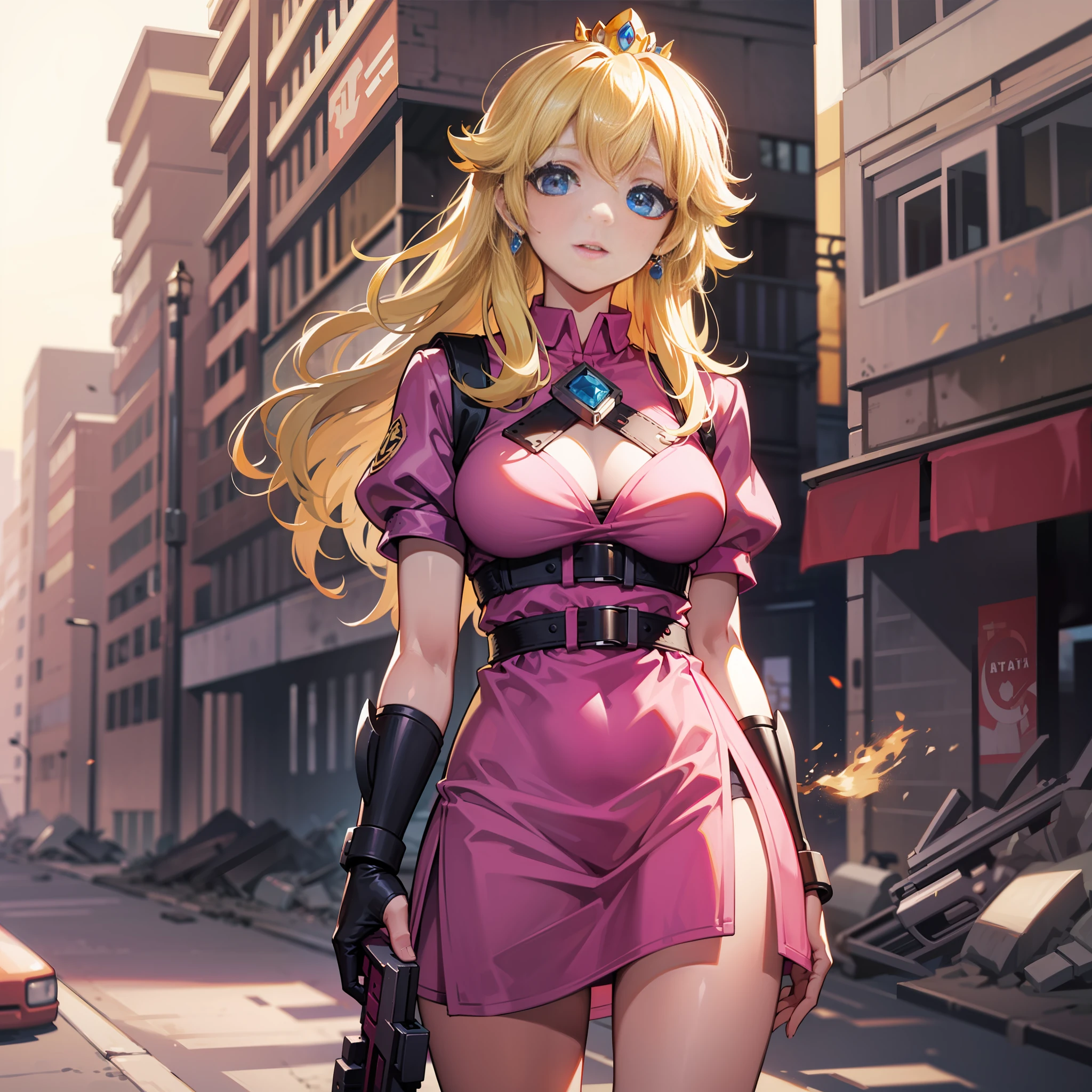 A woman, pink dress, athletic body, holding a gun, short clothes, blonde hair, blue eyes, long hair, in an apocalyptic city, deserted, city destroyed, princess peach,