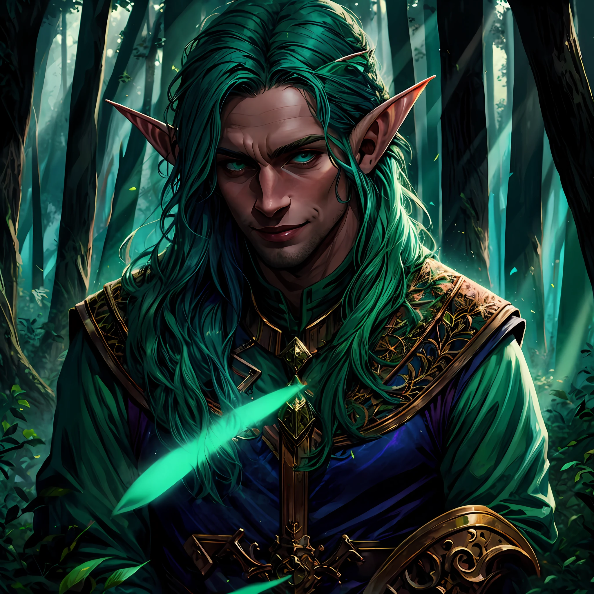 a man 1male sporting of (long messy turquoise hair), smiling happily, bright hair in the sun, (volumetric lighting: 1.2), green and brown clothes,(forest elf: 1.1), explosion of colours scenery, eyes with symbol, ( lineart: 1.33 ), (magical: 1.1),, intricate details, portraiture, dramatic lighting, backlit, raking light, vibrant, avatar art