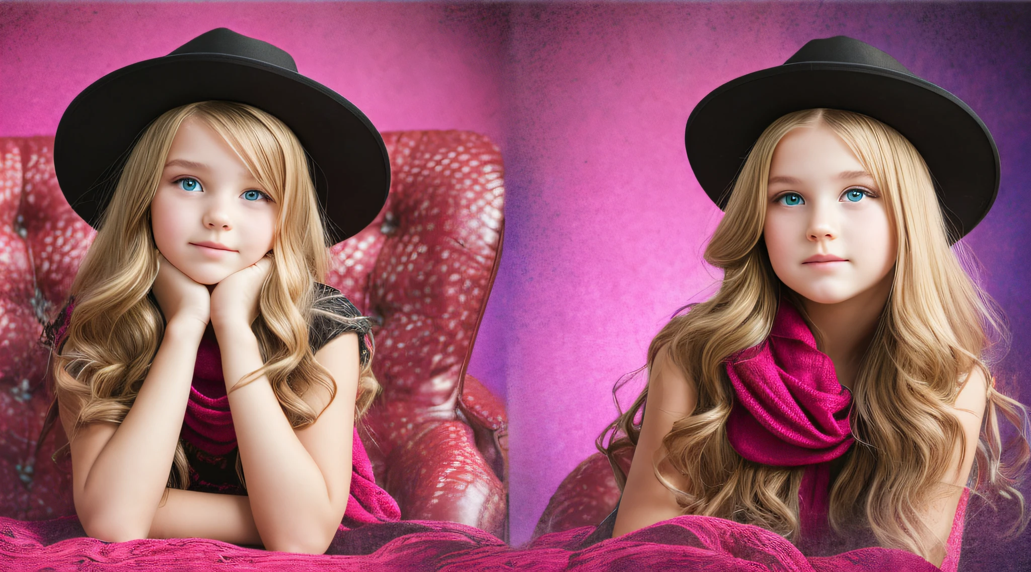 BLONDE CHILD girl,wearing a pink hat and scarf sitting on a black leather chair, photo from a promotional session, promotional photoshoot, young girl, beautiful young model, pink cowboy hat, young teenager, photo shoot, photoshoot, inspired by Toros Roslin, red dress and hat, modeling essay, young and beautiful girl, studio portrait photography,  photoshoot solo --auto --s2