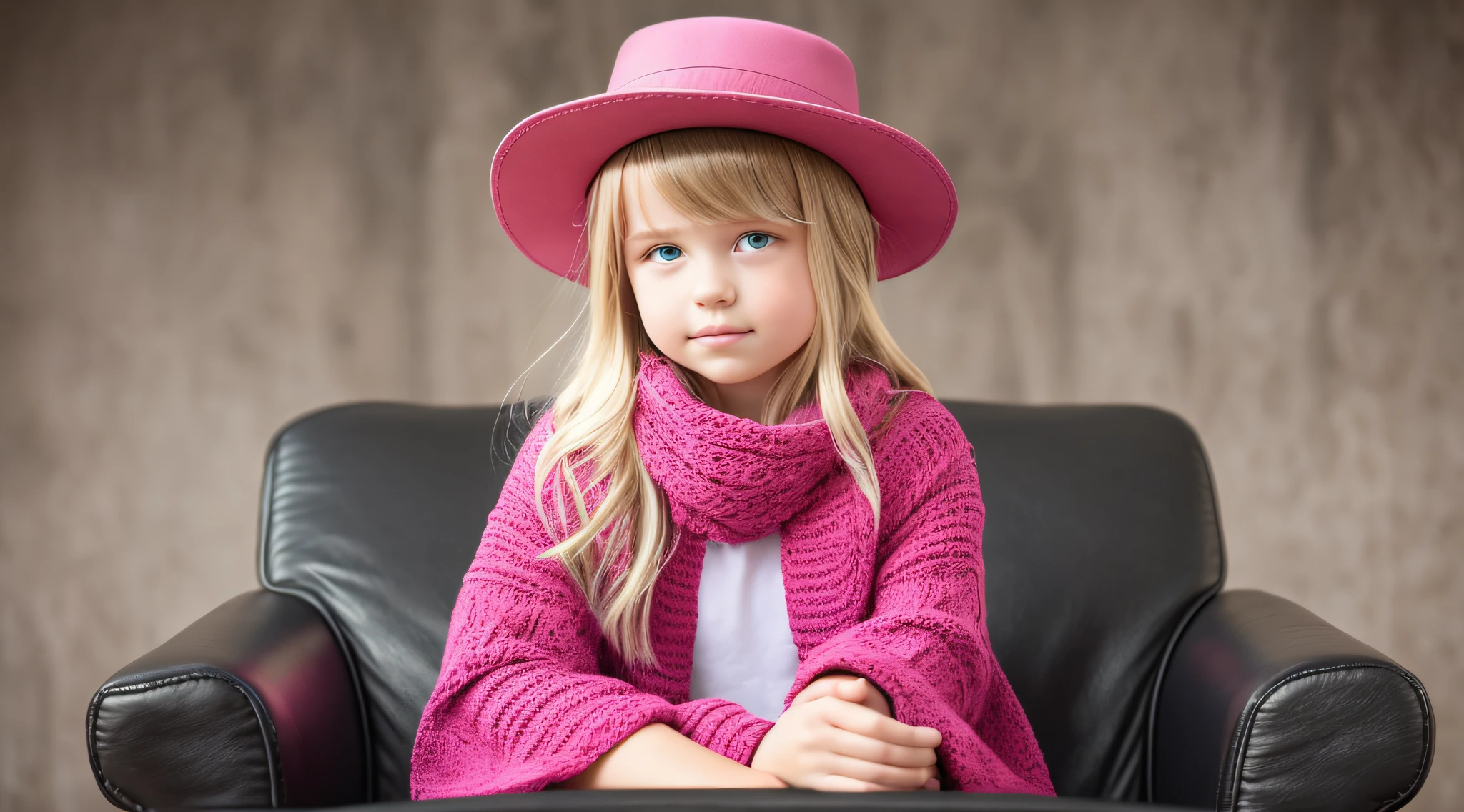 BLONDE CHILD girl,wearing a pink hat and scarf sitting on a black leather chair, photo from a promotional session, promotional photoshoot, young girl, beautiful young model, pink cowboy hat, young teenager, photo shoot, photoshoot, inspired by Toros Roslin, red dress and hat, modeling essay, young and beautiful girl, studio portrait photography,  photoshoot solo --auto --s2