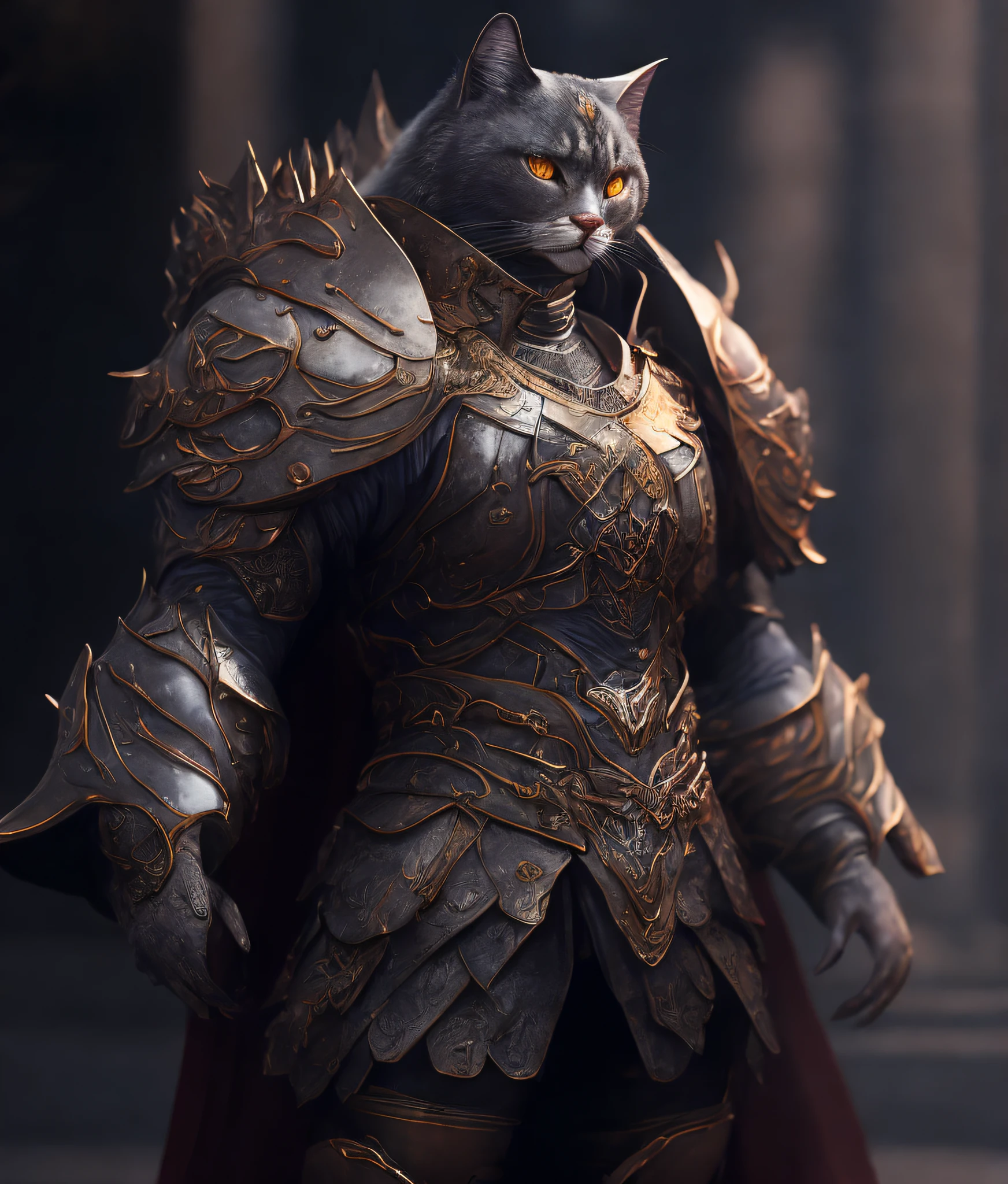 (Masterpiece), best quality, (extremely thin CG uniform 8k wallpaper), (best quality), (best illustration), (best shadow), full body photo, anthropomorphic gray cat, Hercules, warrior, China Heavy armor, Chinese ink style, stunning ancient chinese epic theme, martial arts style, chinese fairy tales, highly detailed, dynamic, cinematic, stunning, realistic lighting, vivid, vibrant, 8k,  octane rendering, fantasy engine, very detailed, concept art, reality, crying engine,