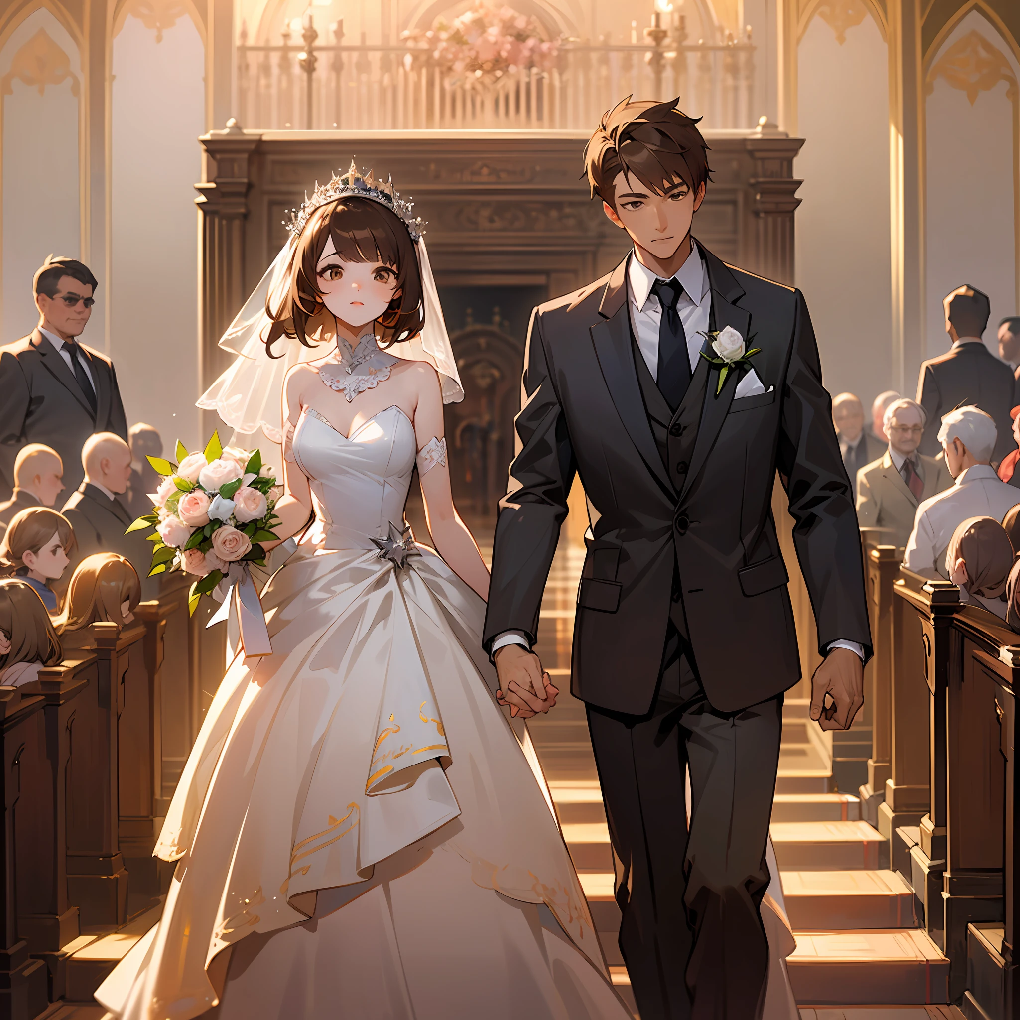 Anime wedding couple walking down aisle of church holding hands - SeaArt AI, image size:2048x2048