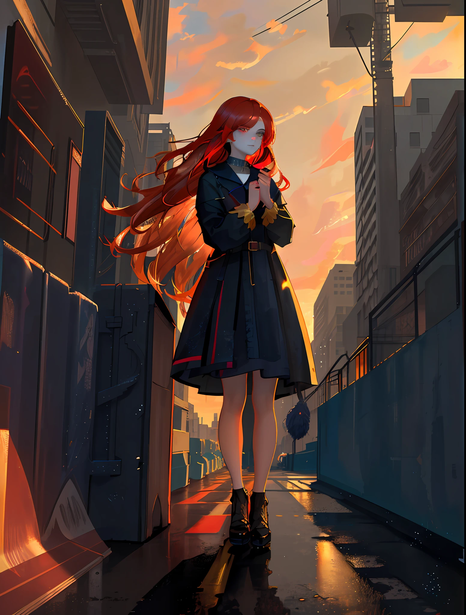 masterpiece, best quality, masterpiece, divine quality, divine art, highly detailed face, highly realistic, closeup, face only, cyberpunk outfit, lights, beautiful, young, big eyes, long hair, long eyelashes, black and red hair color, bright eyes, makeup, random skin color, rain, walking in the street, city in the background, blush, sunlight, golden hour, random skycolor, random sun color, random light color, dawn lighting, dawn lighting