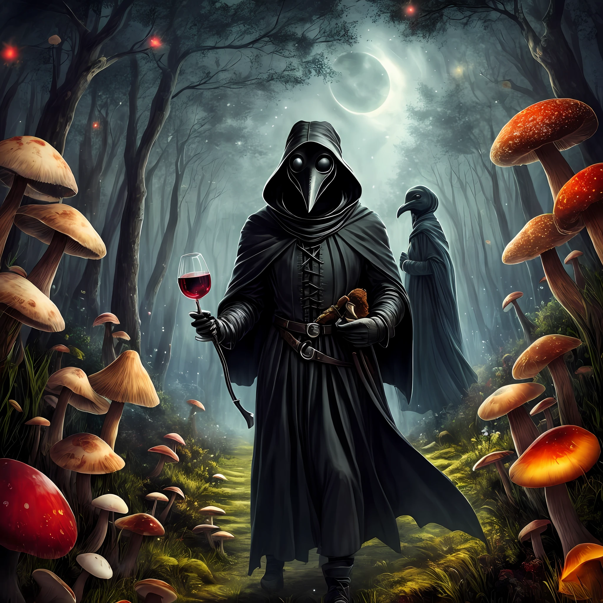 masterpiece, best quality, space, man, male, muscular, strong, plague doctor, black hair, red eyes, black hair, colorful stars, radiant light, gothic forest background, mushrooms, wine glasses in the hand of men.