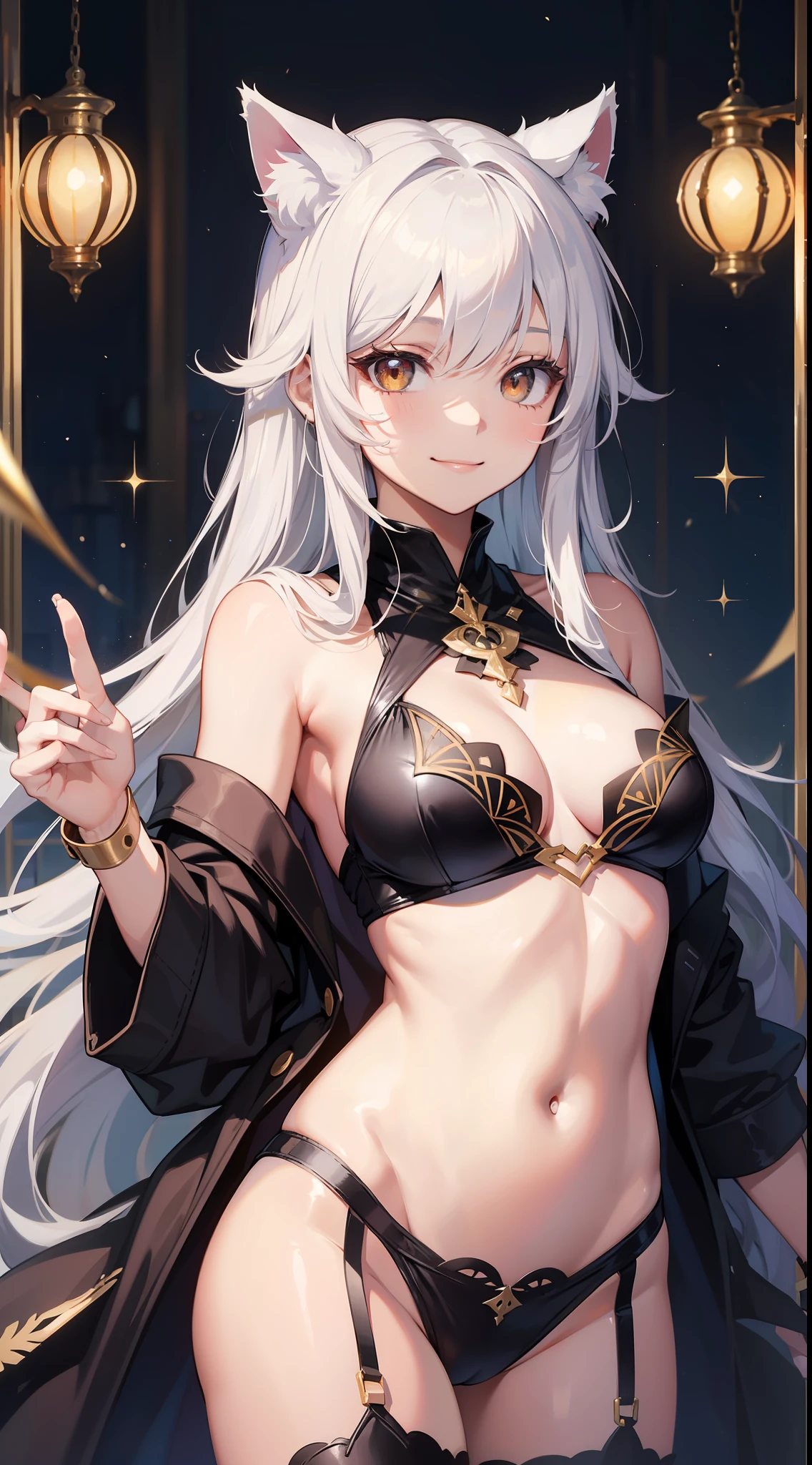 Young girl, long white hair, golden eyes, cat ears, combat robe, sleeveless, open belly, inner, smile, masterpiece, high quality