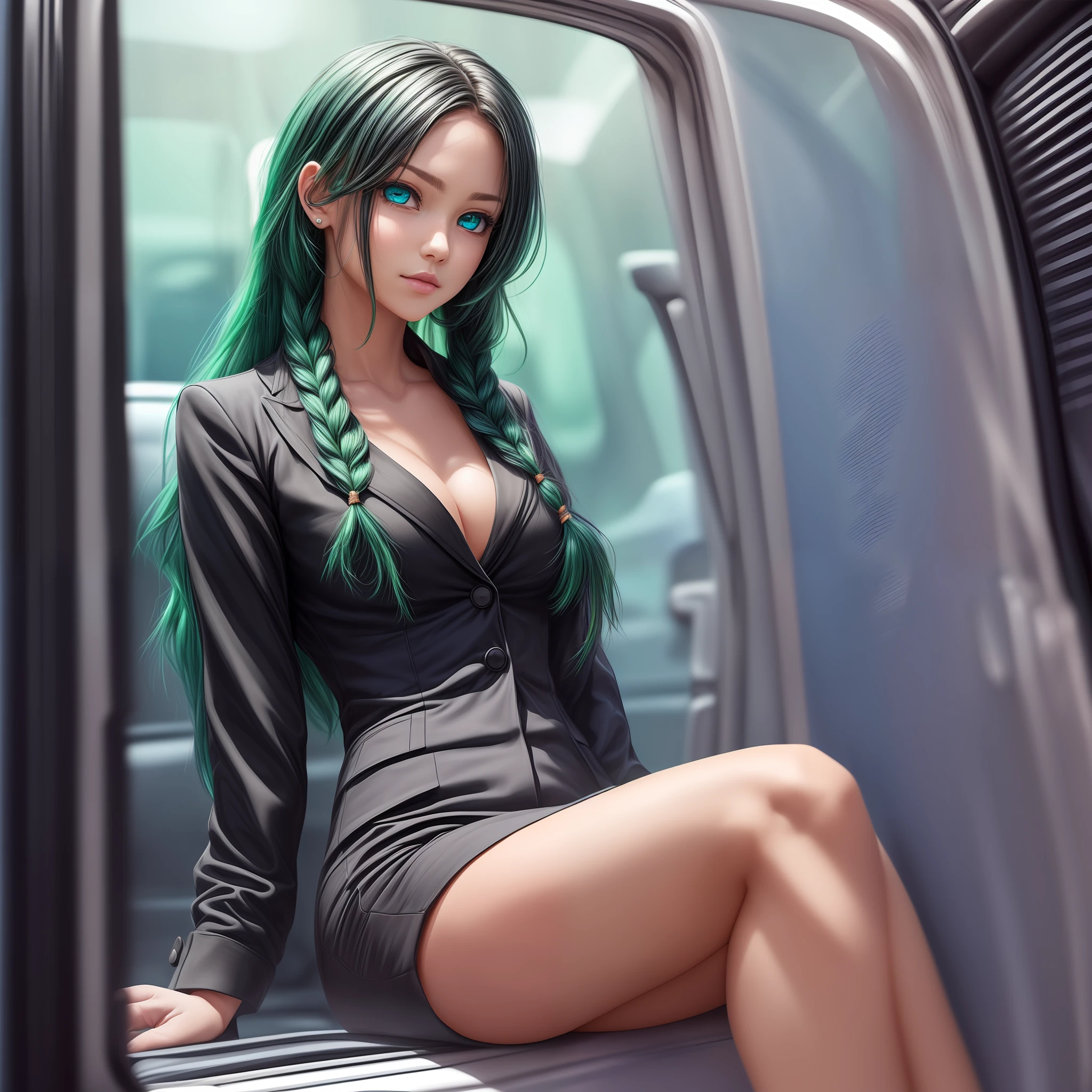((whole body):2) {((1_mulher_e_1_homem):1.5)}.\n {1woman}: (wearing a black suit.) :1.2), ((shimmering blue eyes, short green hair)1.2), (sitting in a car with open door):1.3), (calm look 1.3),\n {1man}: ((braided black hair)):1.3) opening door for muulher):1.2) anime, anime-style, 16k, ((best quality, high details):1.4), masterpiece, UHD