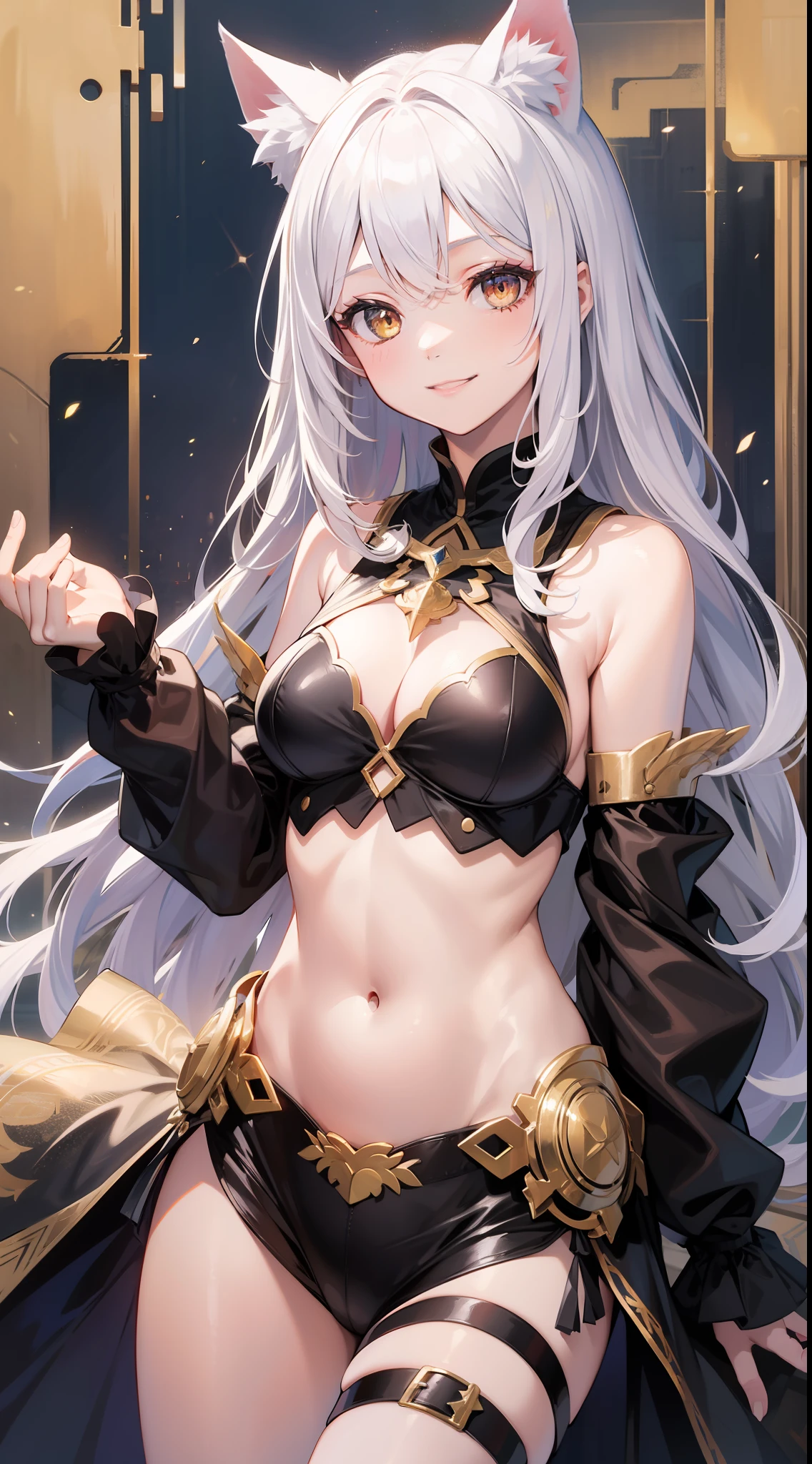 Young girl, long white hair, golden eyes, cat ears, combat robe, sleeveless, open belly, inner, smile, masterpiece, high quality