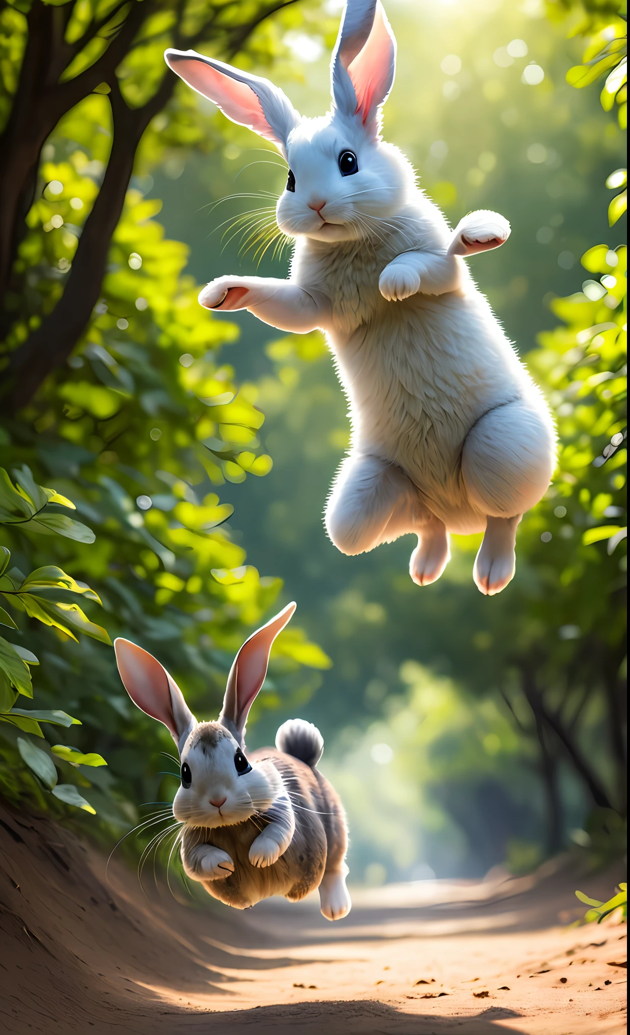 ((masterpiece, best quality)), soil, animal ears, fluffy rabbit, rabbit ears, jumping, beach, outdoor, full body, animal, sunlight, sunlight dappled, daytime, depth of field --v6