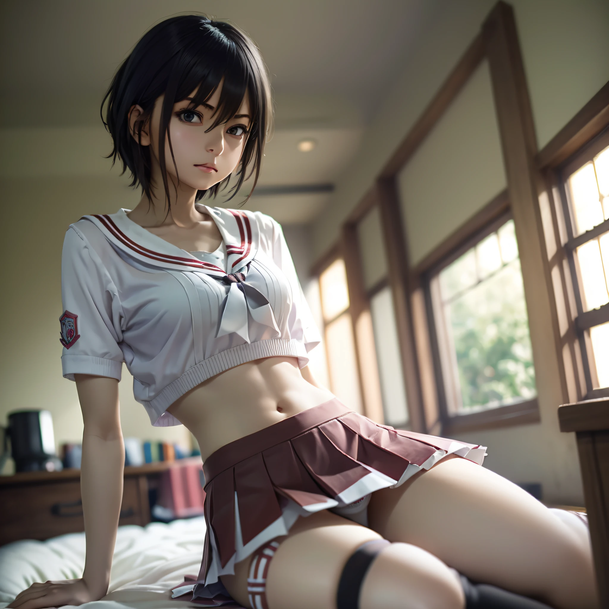 masterpiece, best quality, 1girl, Mikasa Ackerman, toned, looking at the viewer, school uniform, lifting shirt, thigh socks, midriff, in bed, sun, mini skirt raised, no panties (black eyes: 0.6) --auto --s2