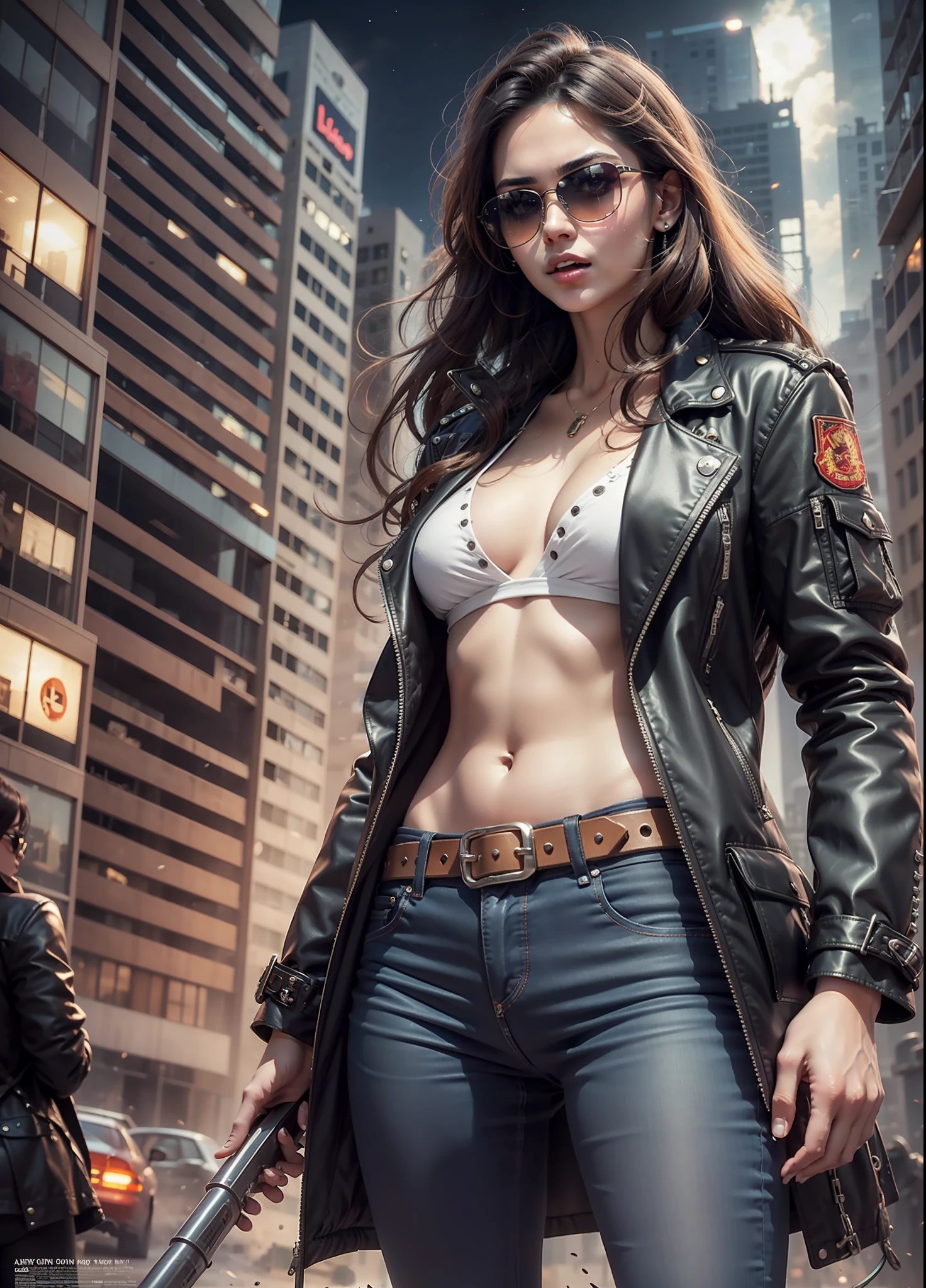 Arab movie poster, beautiful woman, big chest, medium dark long hair, sunglasses, black jeans, belt, long coat, rivets, holster, rivets, explosions, city, ruins, aliens invades, just one body, play electric guitar, night